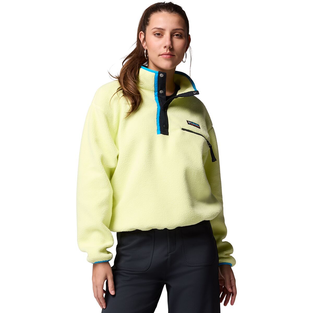 Image of Columbia Helvetia II Cropped 1/2-Snap Fleece Pullover - Women's Citron Haze/Black/Compass Blue, XL