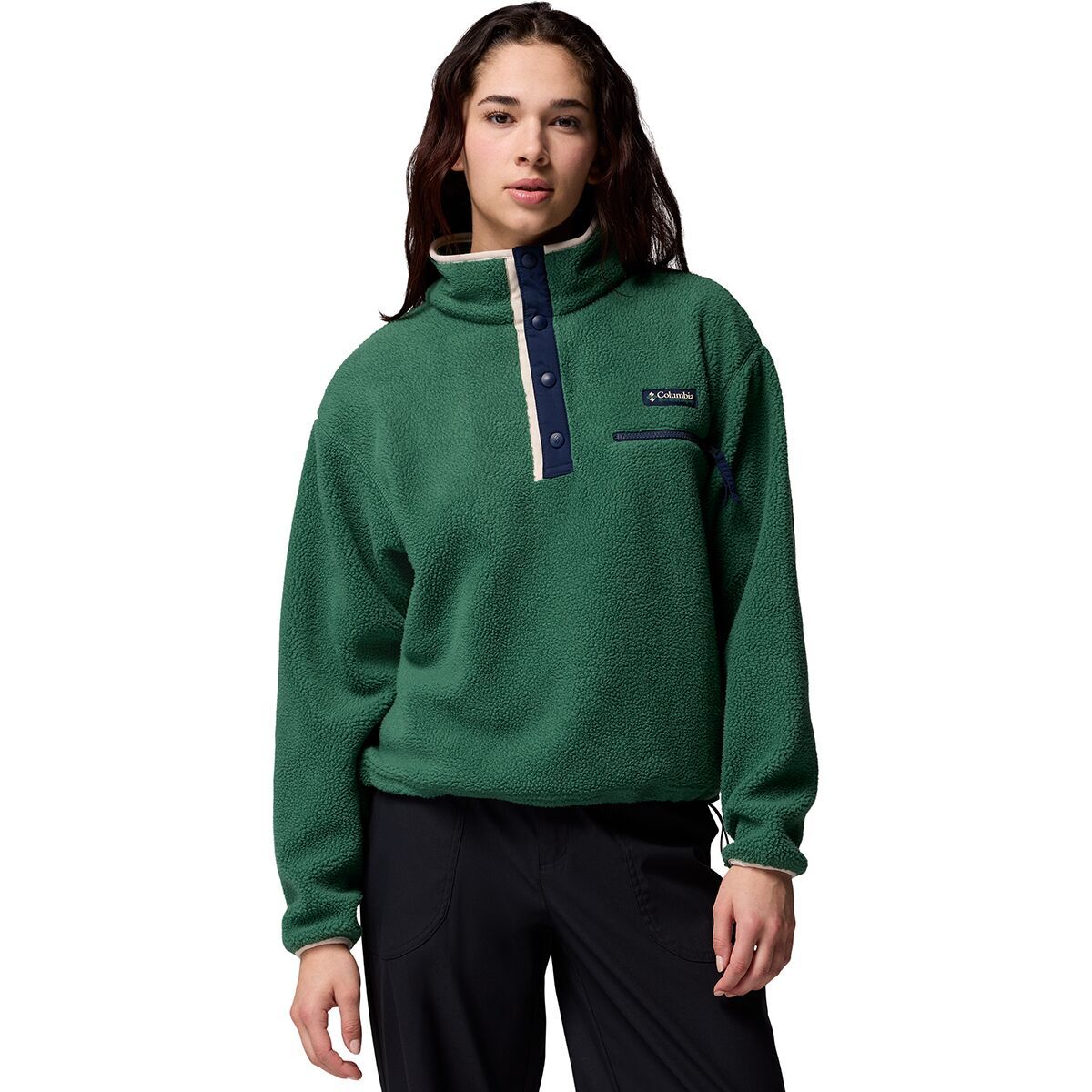Image of Columbia Helvetia II Cropped 1/2-Snap Fleece Pullover - Women's Rain Forest/Collegiate Navy/Dark Stone, M