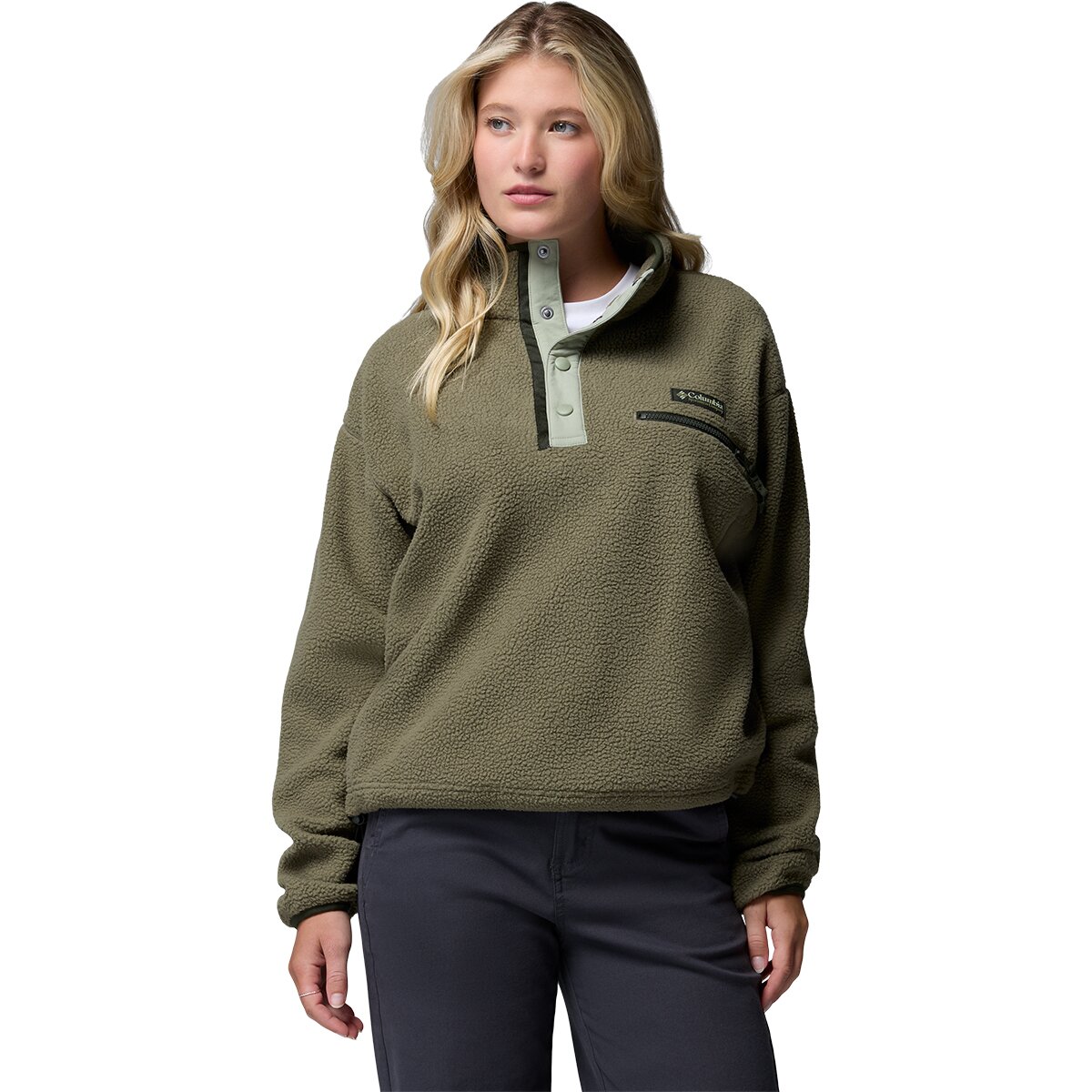Image of Columbia Helvetia II Cropped 1/2-Snap Fleece Pullover - Women's Stone Green/Safari, M