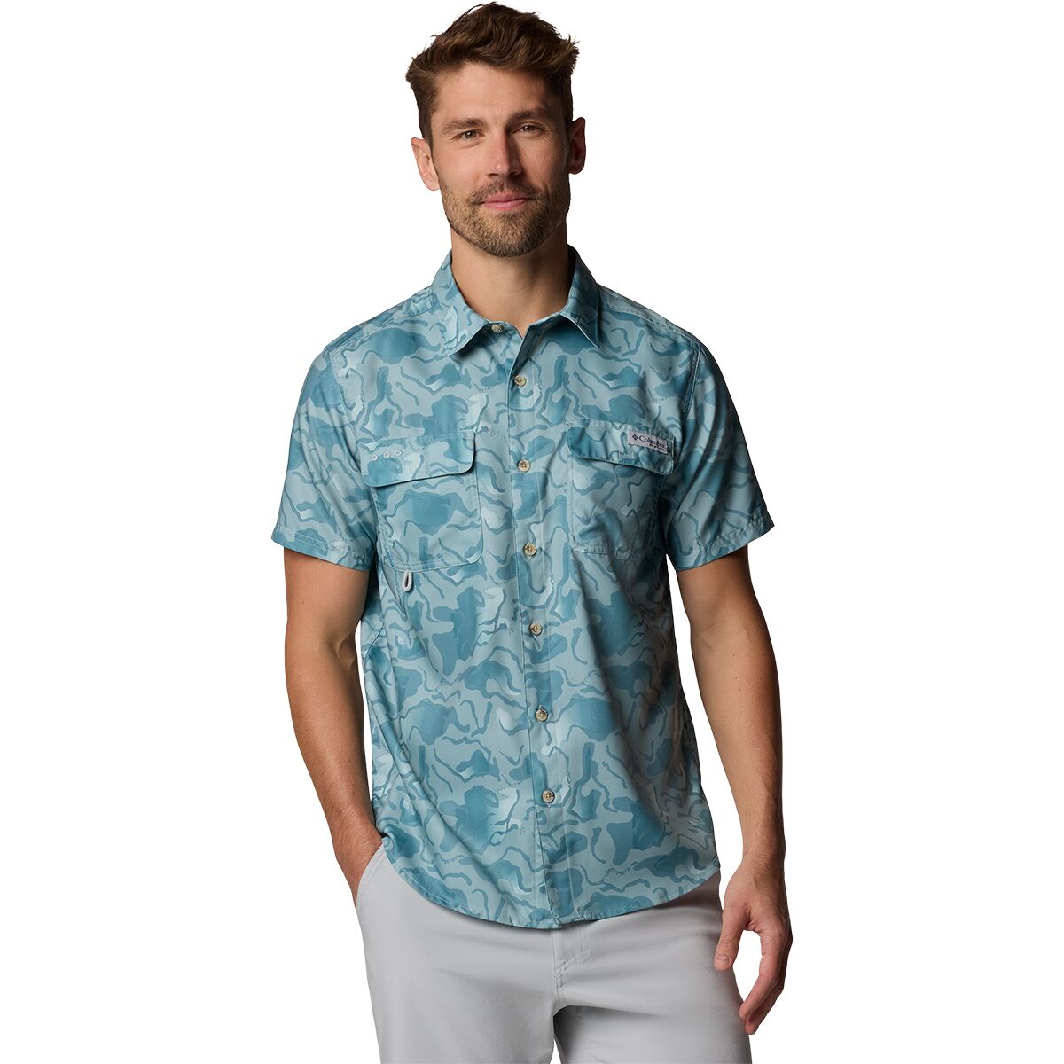 Image of Columbia PFG Uncharted Printed Short-Sleeve Shirt - Men's Crushed Blue Swamplands, S