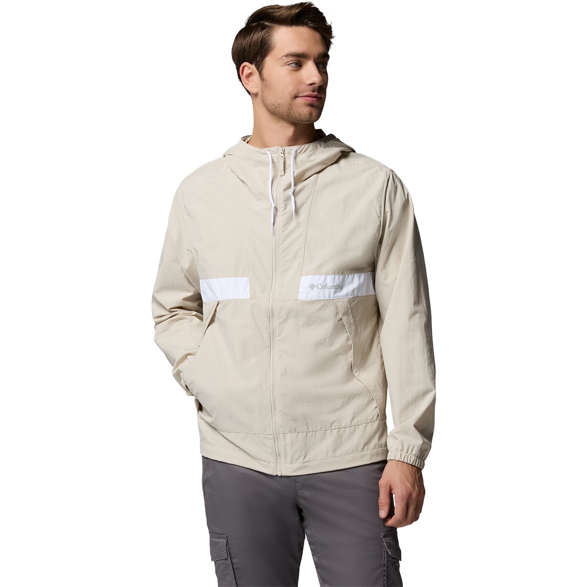 Image of Columbia Spire Valley Hooded Windbreaker - Men's Dark Stone/White, L