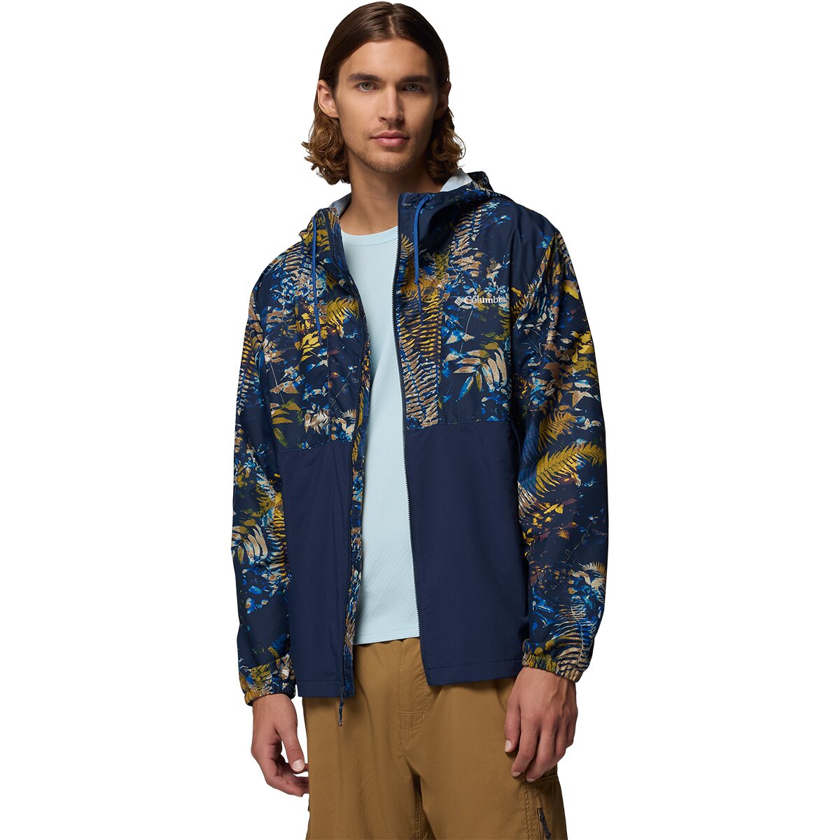 Image of Columbia Spire Valley Hooded Windbreaker - Men's Mountain Blue Geofern/Collegiate Navy, M