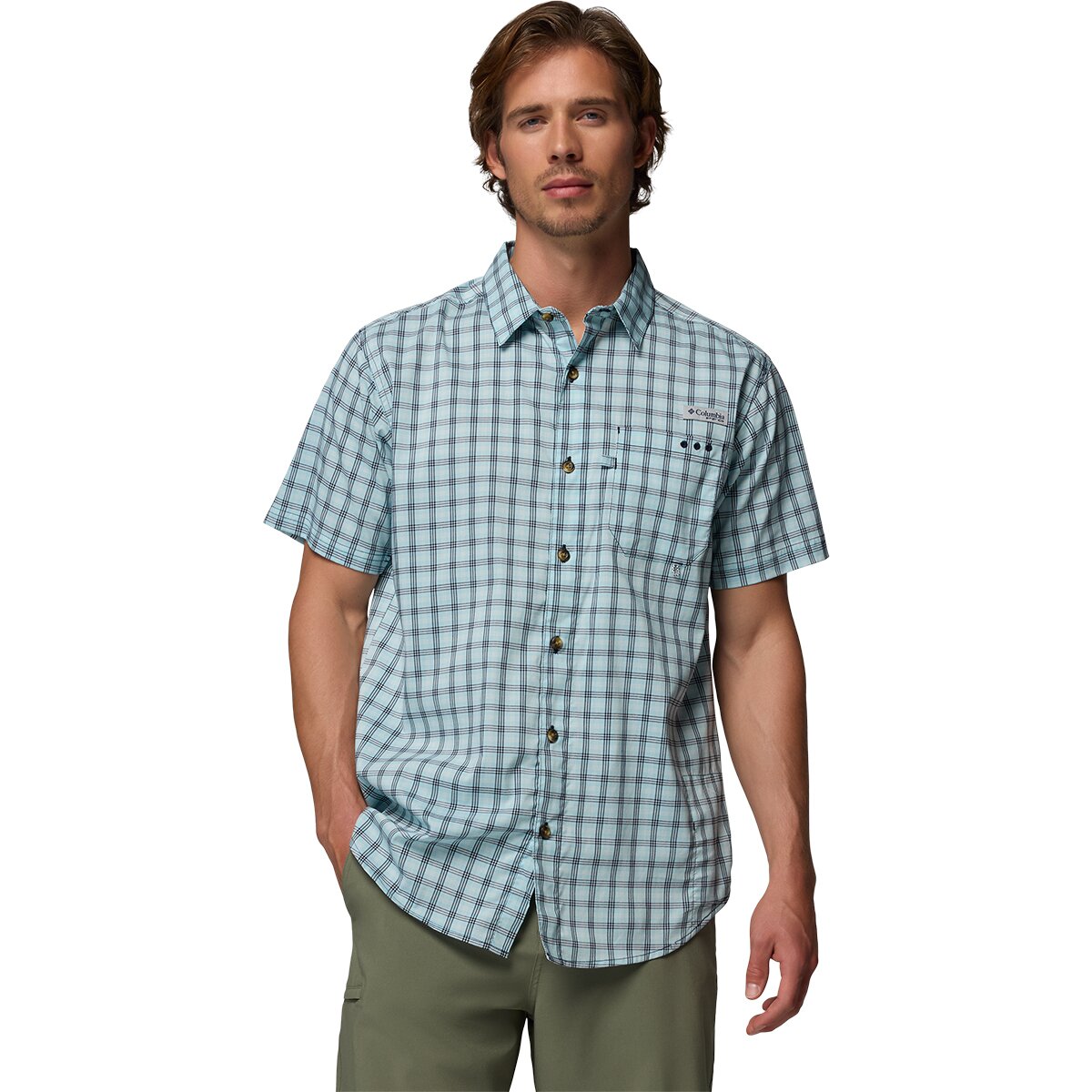 Image of Columbia Harbor Peak Short-Sleeve Shirt - Men's Collegiate Navy Driftnet Plaid, L