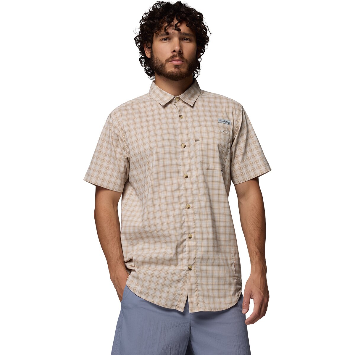 Image of Columbia Harbor Peak Short-Sleeve Shirt - Men's Dark Stone Driftnet Plaid, XXL
