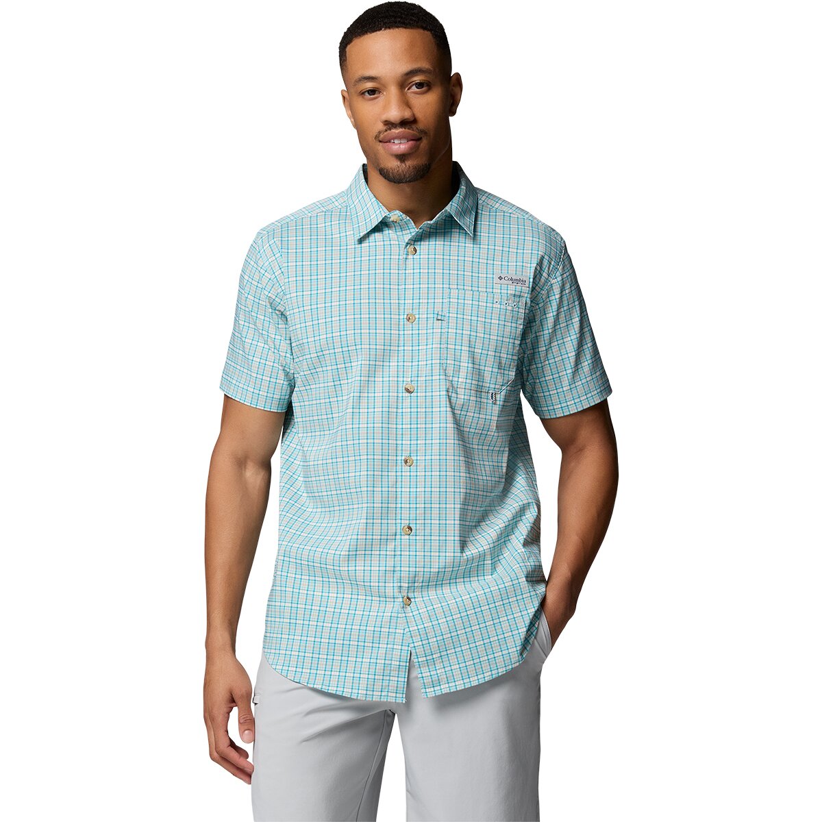 Image of Columbia Harbor Peak Short-Sleeve Shirt - Men's Marine Light Offshore Tartan, XS