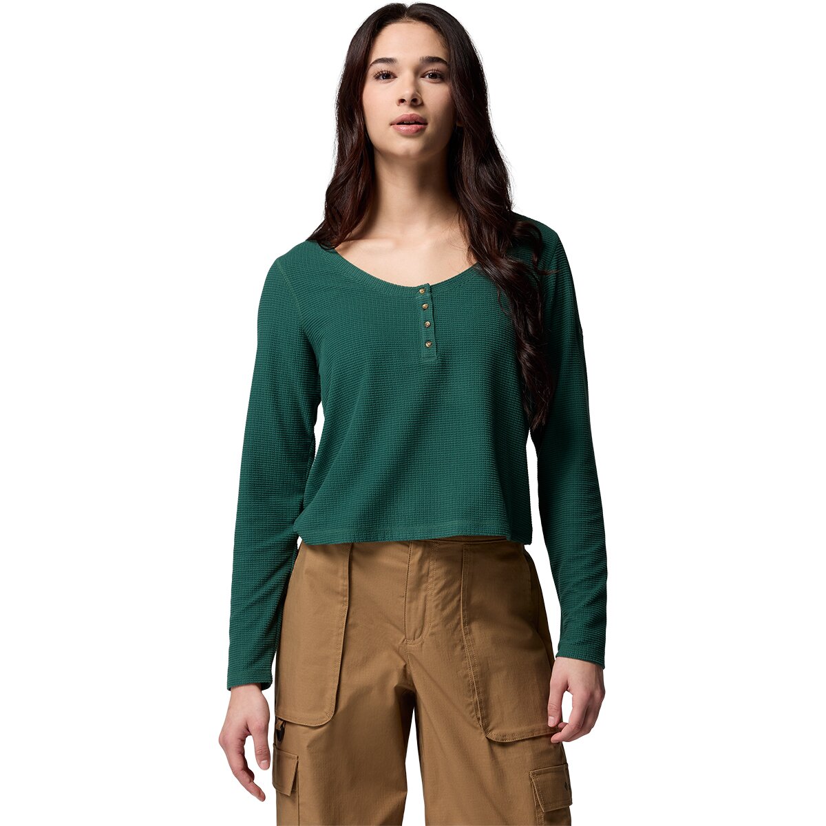 Image of Columbia Brea Falls Grid Long-Sleeve Henley - Women's Rain Forest, M