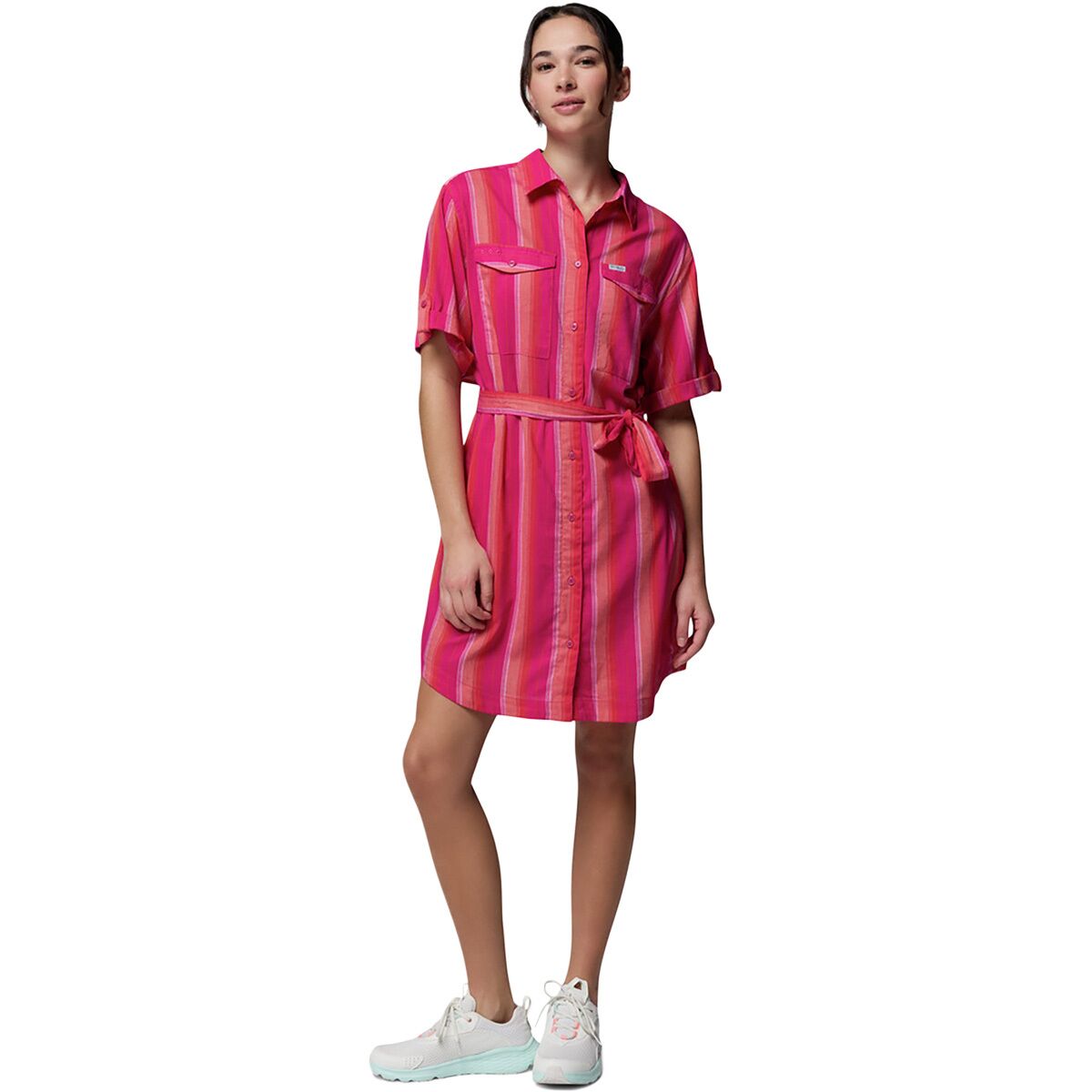 Image of Columbia PFG Open Water Shift Dress - Women's Guava Pink/Lowtide Stripe, S