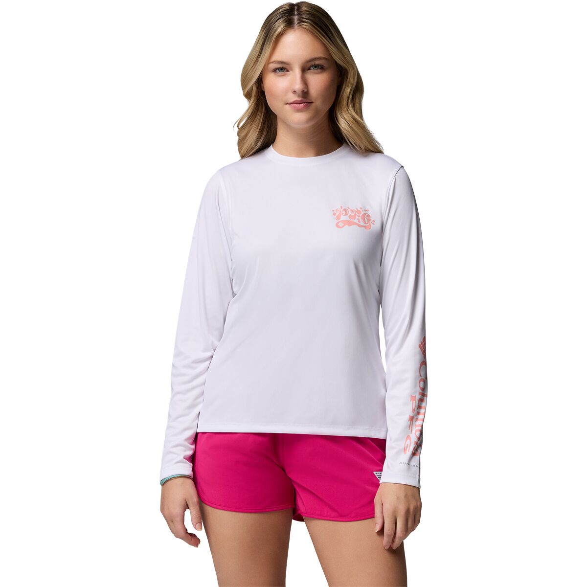 Image of Columbia Tidal Palm Waves Long-Sleeve T-Shirt - Women's White/Flamingo Isle, XS