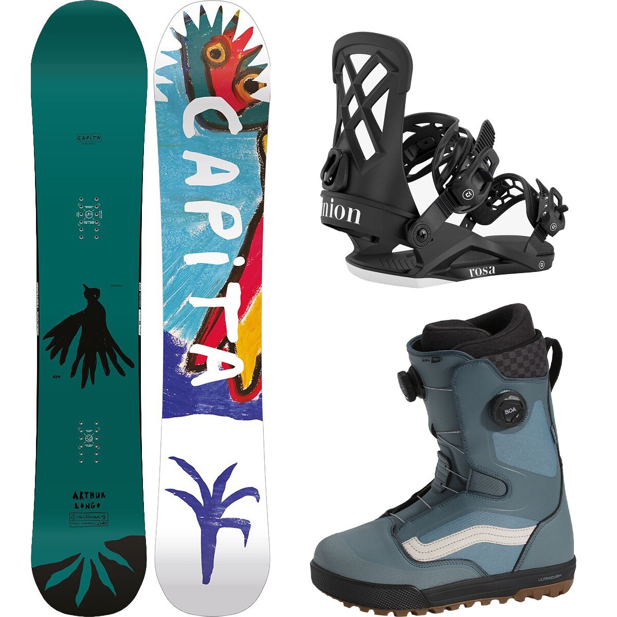 Image of Capita Aeronaut Snowboard + Union STR Binding + Vans Aura Pro Boot Misc, Black, Black/White, 155cm, M, 9.0