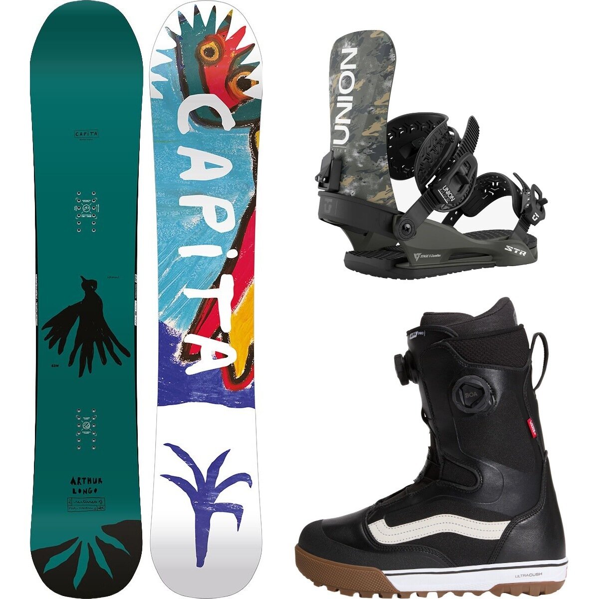 Image of Capita Aeronaut Snowboard + Union STR Binding + Vans Aura Pro Boot Misc, Camo, Black/White, 159cm, M, 8.0