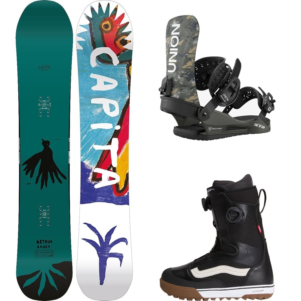 Image of Capita Aeronaut Snowboard + Union STR Binding + Vans Aura Pro Boot Misc, Camo, Black/White, 157cm, S, 7.5