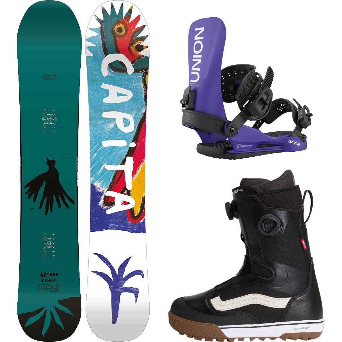 Image of Capita Aeronaut Snowboard + Union STR Binding + Vans Aura Pro Boot Misc, Purple, Black/White, 159cm, M, 9.5