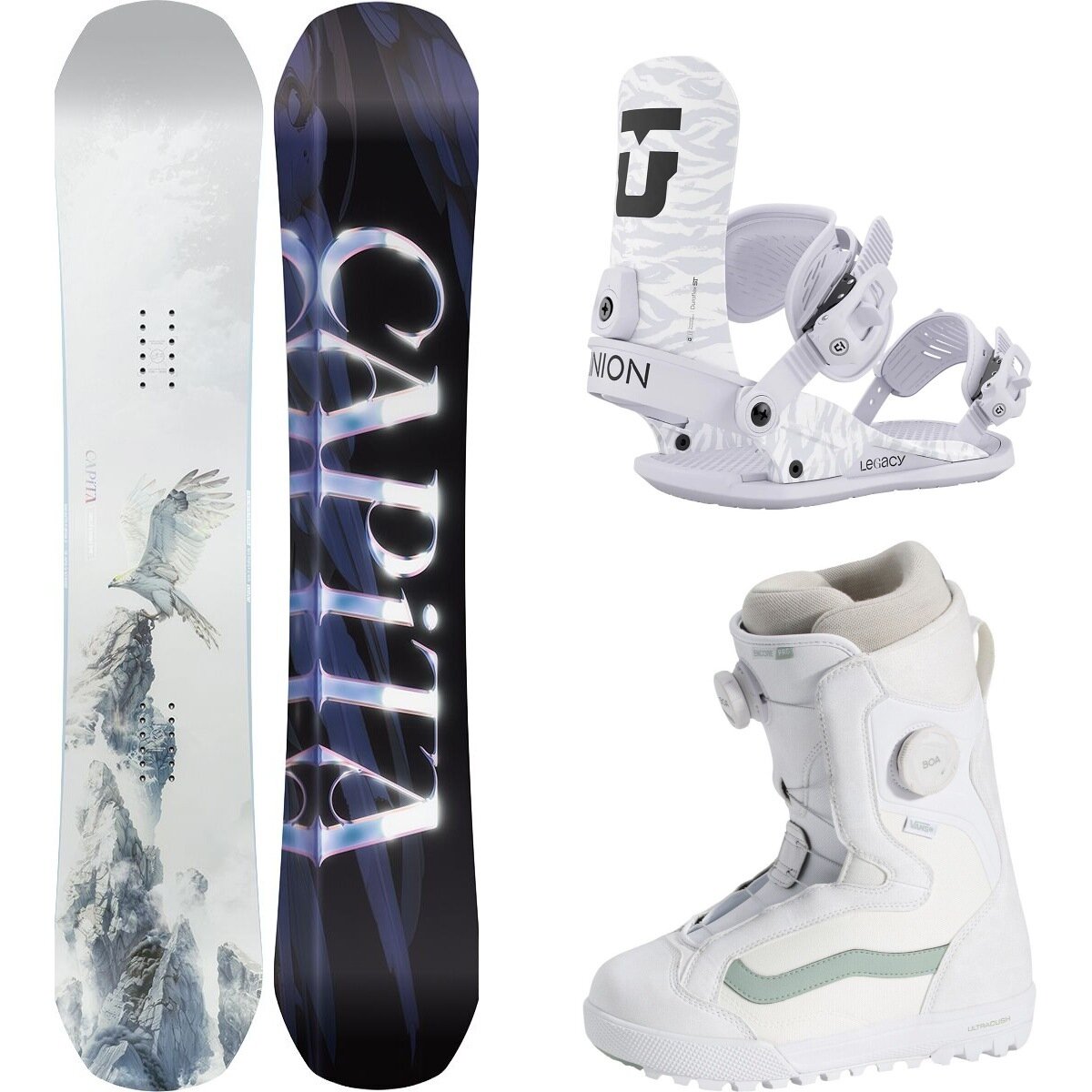 Image of Capita Birds Of A Feather Snowboard + Legacy Binding + Encore Pro Misc, Grey, 30th Anniv. White/Gray Olive, 154cm Wide, M, 6.0