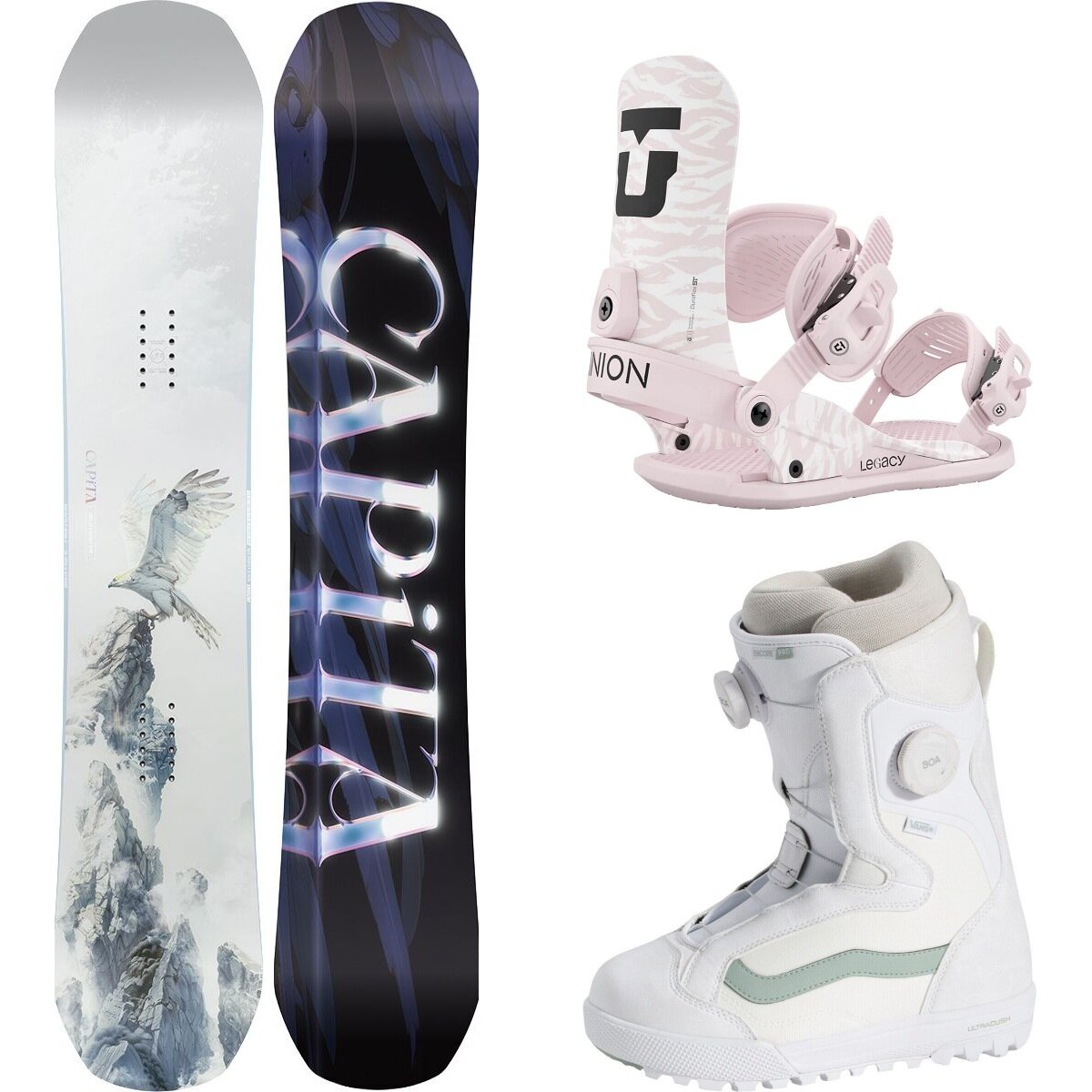 Image of Capita Birds Of A Feather Snowboard + Legacy Binding + Encore Pro Misc, Pink, 30th Anniv. White/Gray Olive, 142cm, L, 9.0