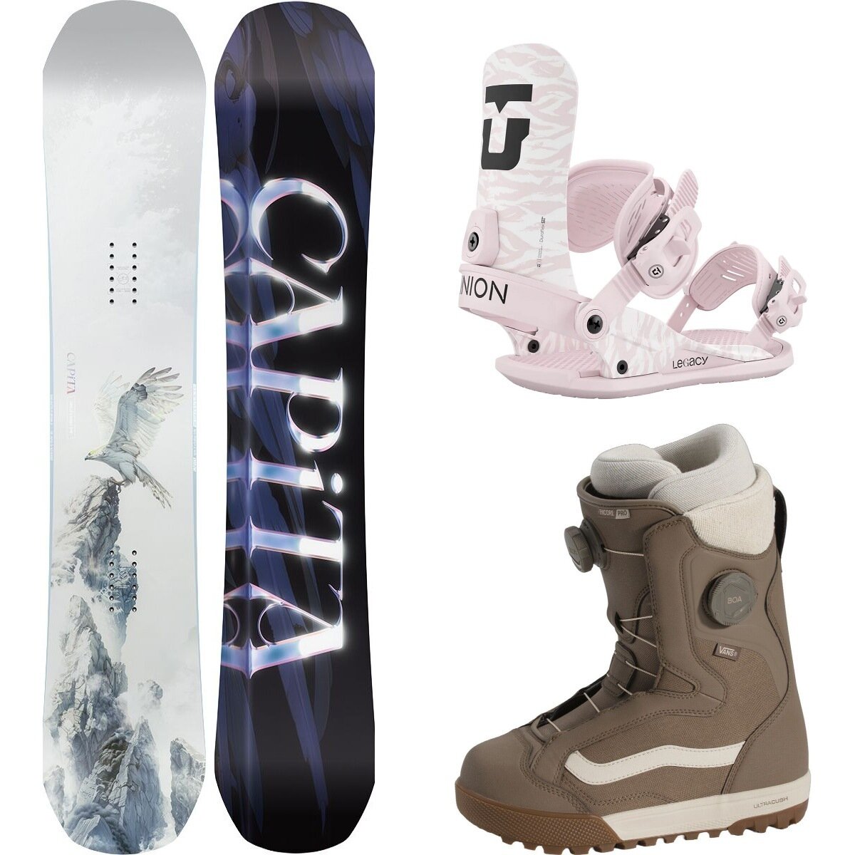 Image of Capita Birds Of A Feather Snowboard + Legacy Binding + Encore Pro Misc, Pink, Walnut, 154cm Wide, L, 9.0