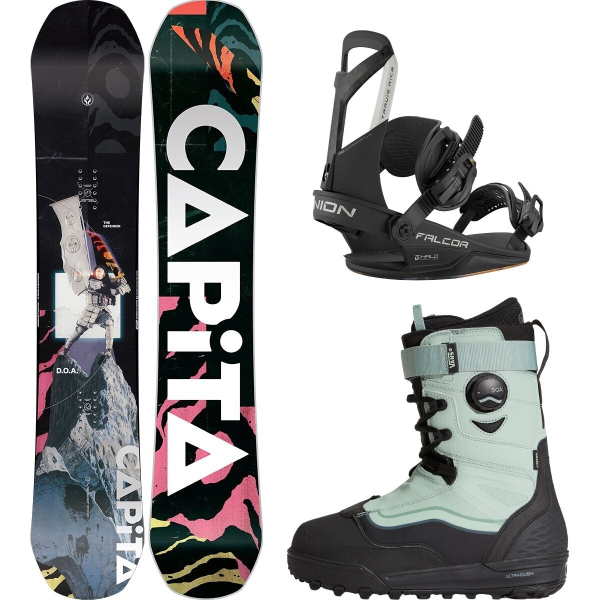 Image of Capita D.O.A. Snowboard + Union Falcor Binding + Vans Infuse Boot Misc, Black, 30th Anniv. Gray Olive, 162cm, L, 10.5