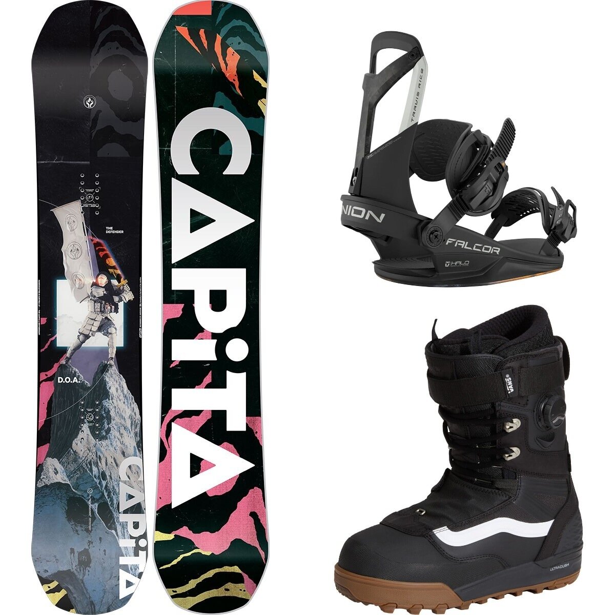 Image of Capita D.O.A. Snowboard + Union Falcor Binding + Vans Infuse Boot Misc, Black, Black/White, 164cm, M, 9.0