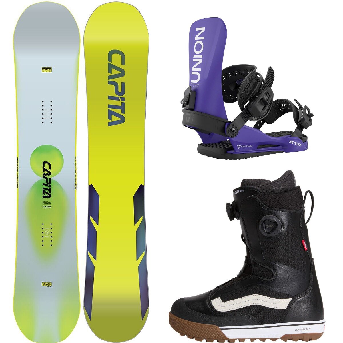 Image of Capita Mercury Snowboard + Union STR Binding + Vans Aura Pro Boot Misc, Purple, Black/White, 155cm, L, 10.5