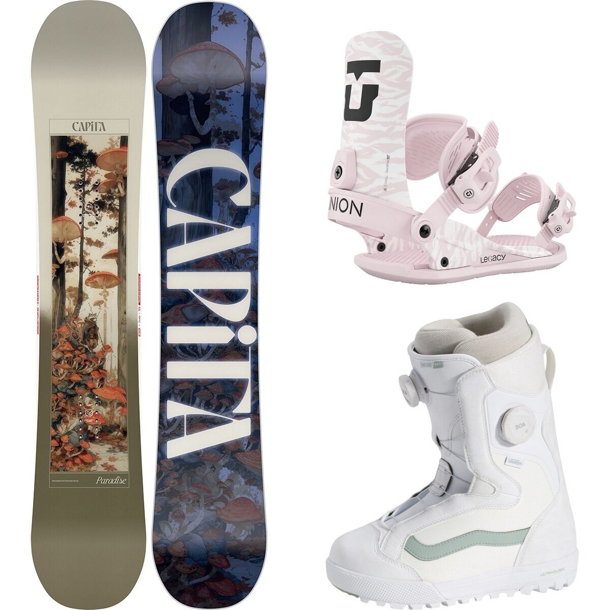 Image of Capita Paradise Snowboard + Legacy Binding + Encore Pro Boot Misc, Pink, 30th Anniv. White/Gray Olive, 151cm, L, 9.5