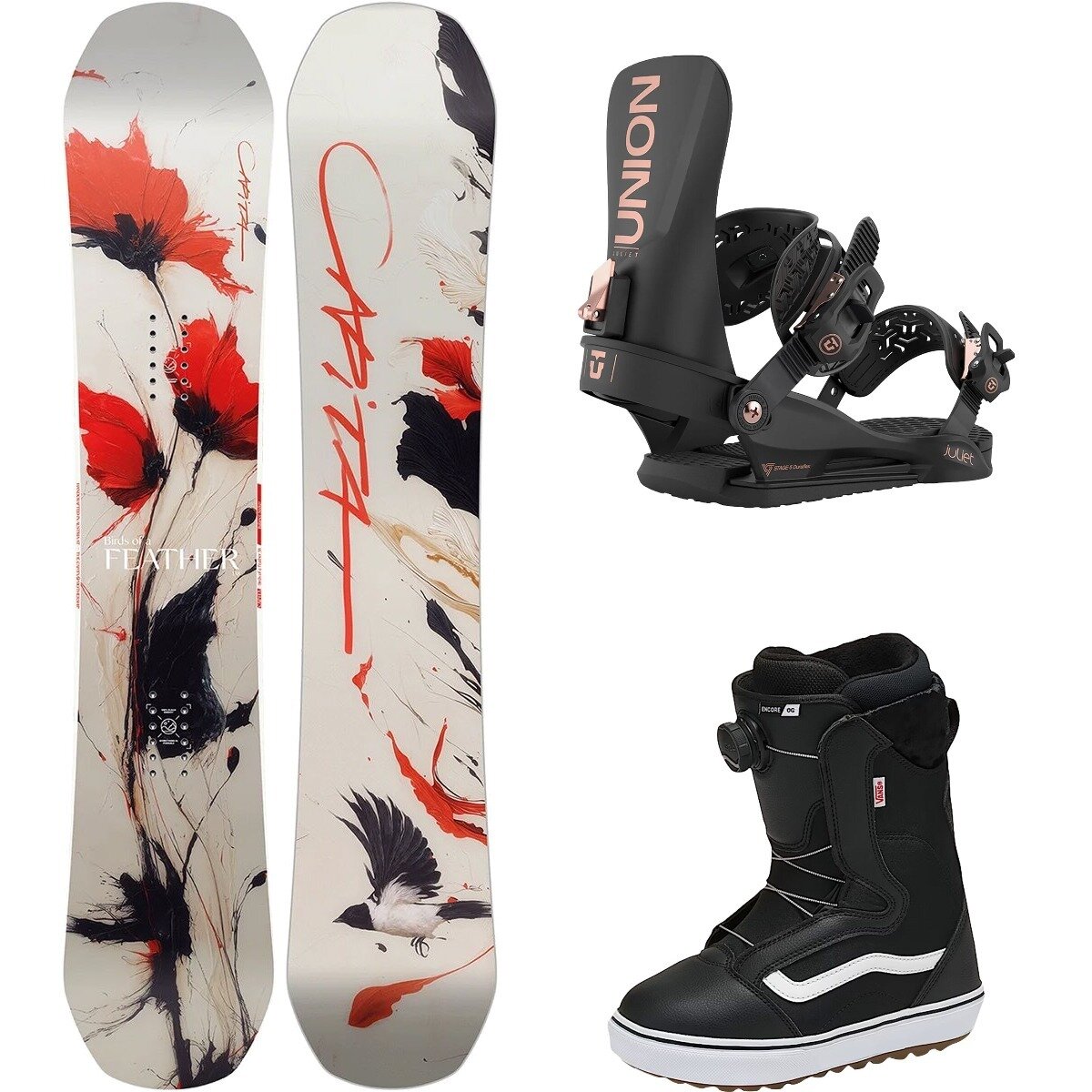 Image of Capita Birds of a Feather w/ Encore OG + Juliet Snowboard Pkg - Wmn One/Blk/Blk/Wht20, 148cm/L/9.5