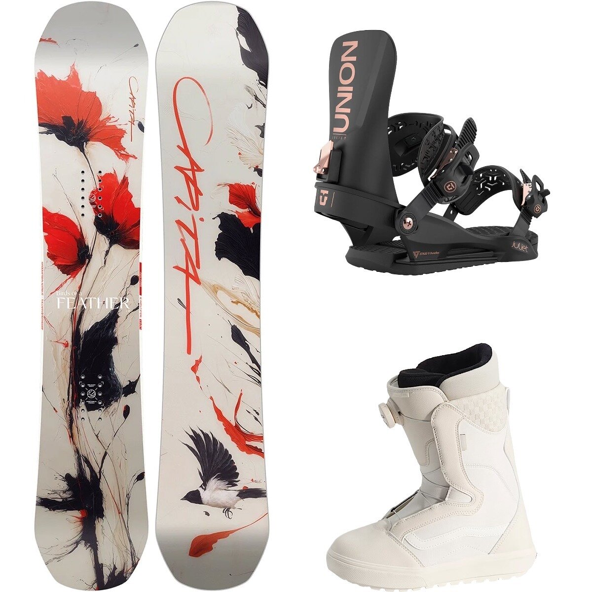 Capita Birds of a Feather w/ Encore OG + Juliet Snowboard Pkg - Wmn One/Blk/Msh/Chk, 138cm/L/7.5