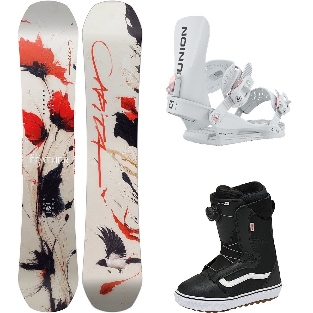 Image of Capita Birds of a Feather w/ Encore OG + Juliet Snowboard Pkg - Wmn One/LtGry/Blk/Wht20, 154cm/M/6.0