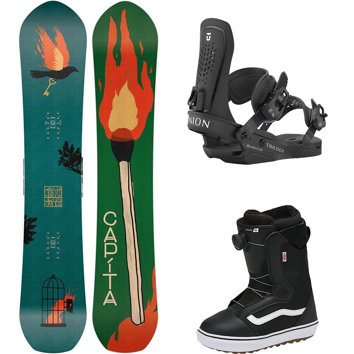 Image of Capita Equalizer w/ Encore OG + Trilogy Snowboard Pkg - Women's One/Blk/Blk/Wht20, 154cm/S/6.0