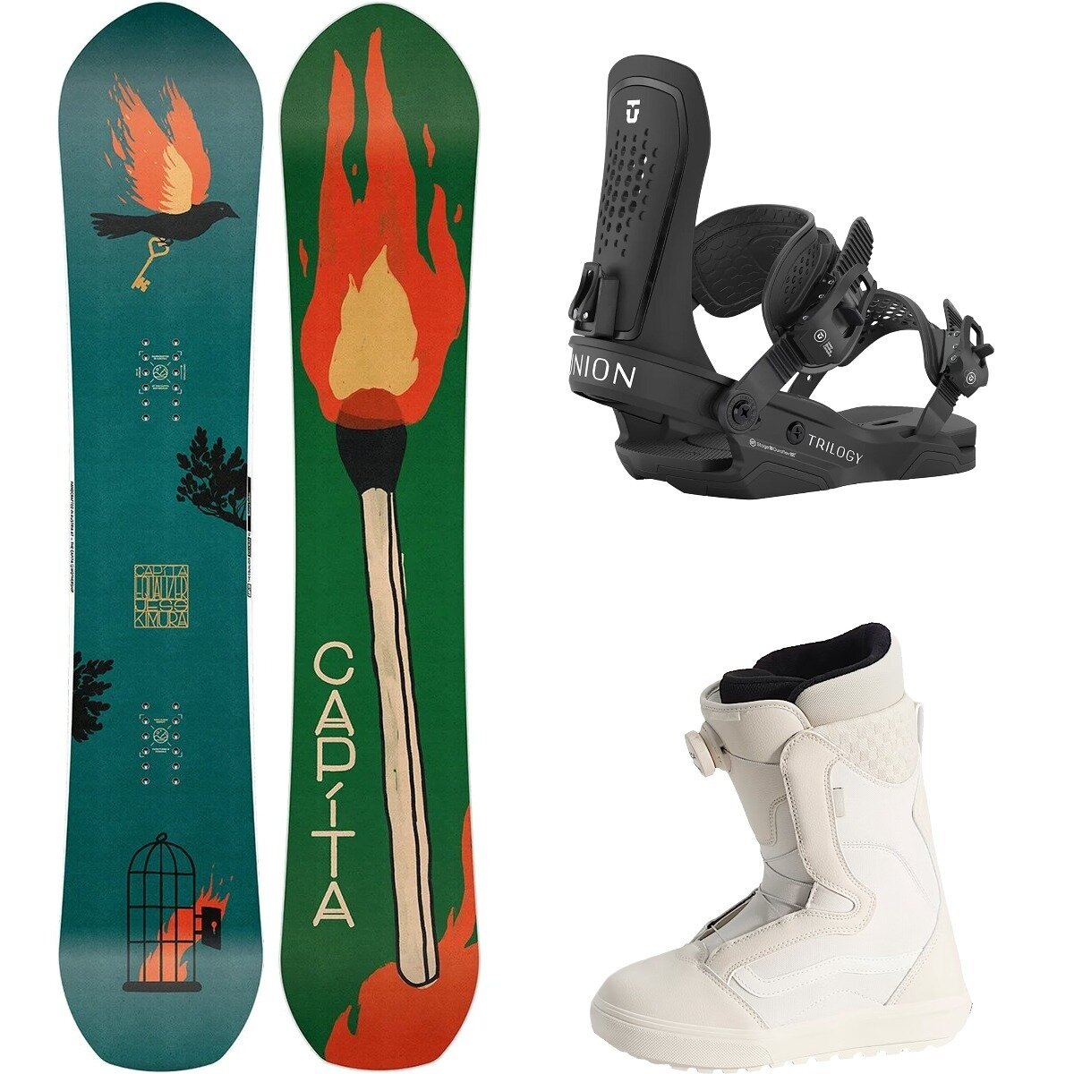 Capita Equalizer w/ Encore OG + Trilogy Snowboard Pkg - Women's One/Blk/Msh/Chk, 150cm/L/9.5