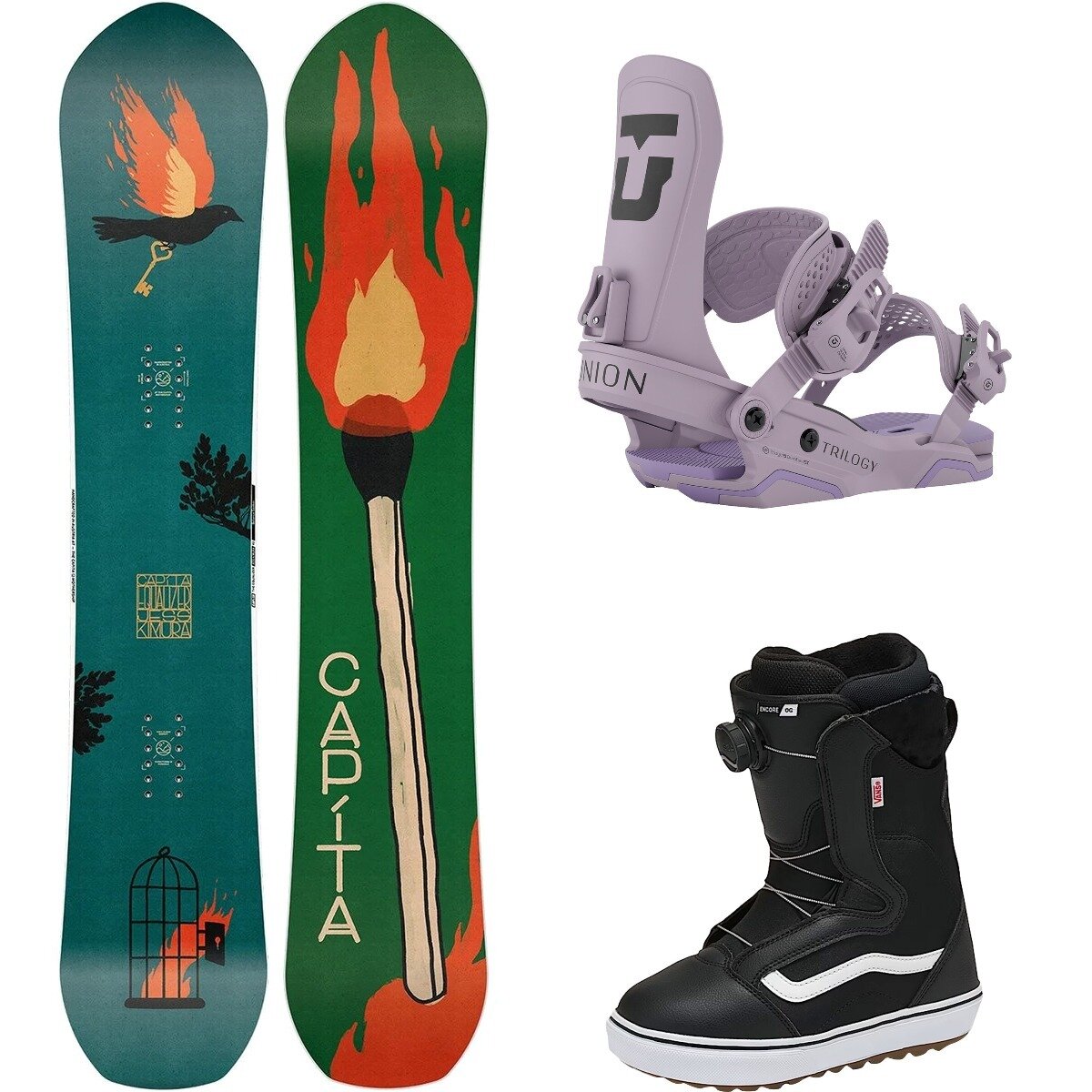 Image of Capita Equalizer w/ Encore OG + Trilogy Snowboard Pkg - Women's One/Vlt/Blk/Wht20, 150cm/M/6.0