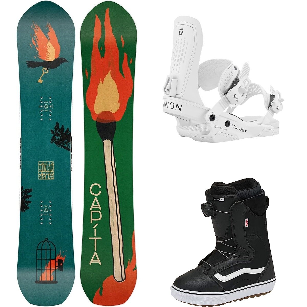 Image of Capita Equalizer w/ Encore OG + Trilogy Snowboard Pkg - Women's One/Wht/Blk/Wht20, 154cm/M/6.0