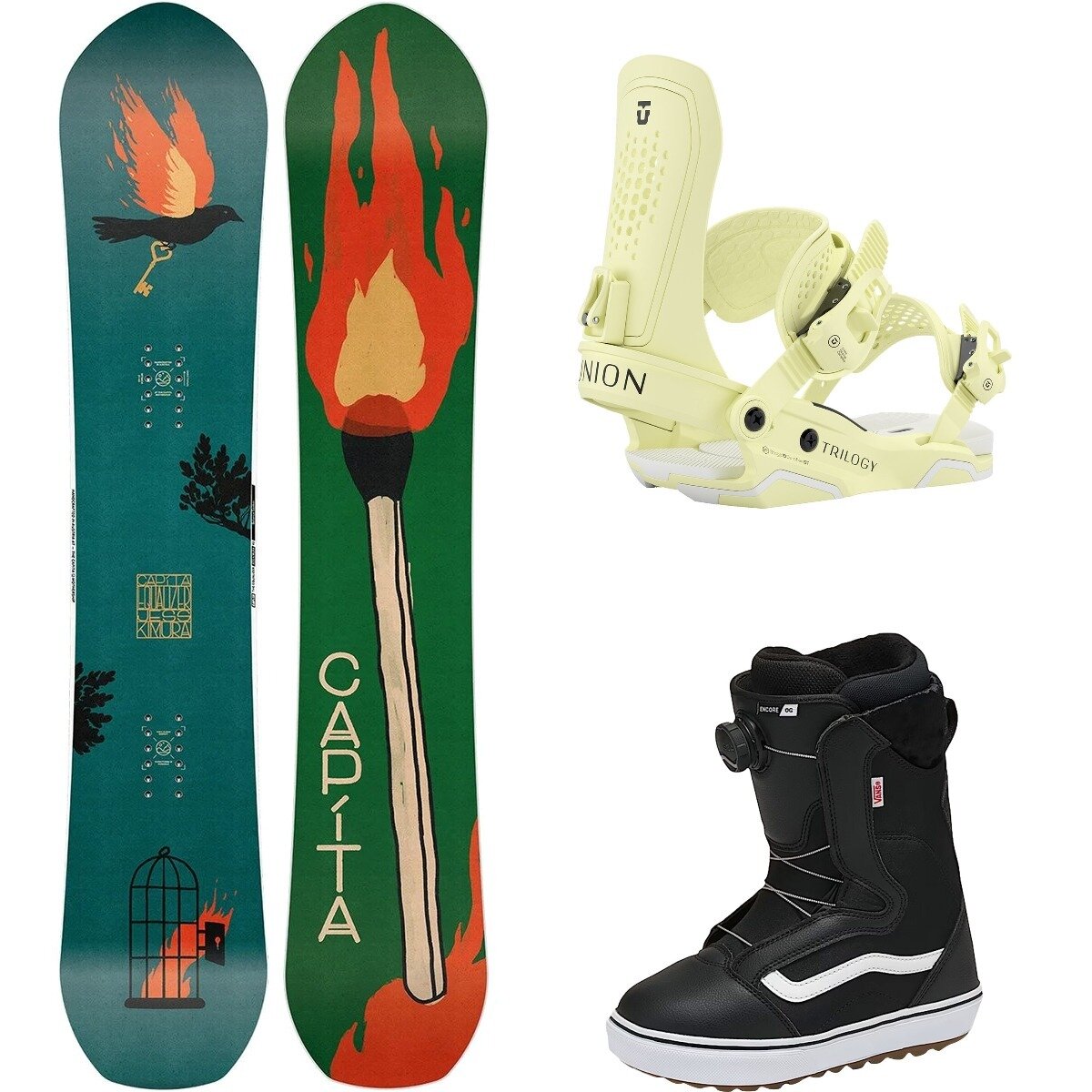 Image of Capita Equalizer w/ Encore OG + Trilogy Snowboard Pkg - Women's One/Ylw/Blk/Wht20, 150cm/M/6.0
