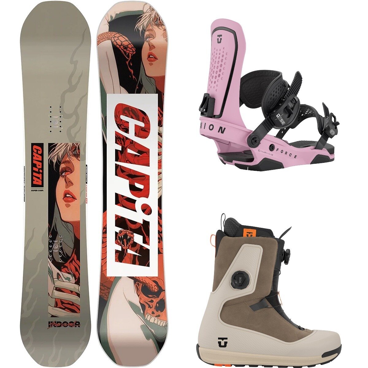 Capita Indoor Survival w/ Reset + Force Snowboard Pkg One/Pnk/Snd, 158cm/L/12.0