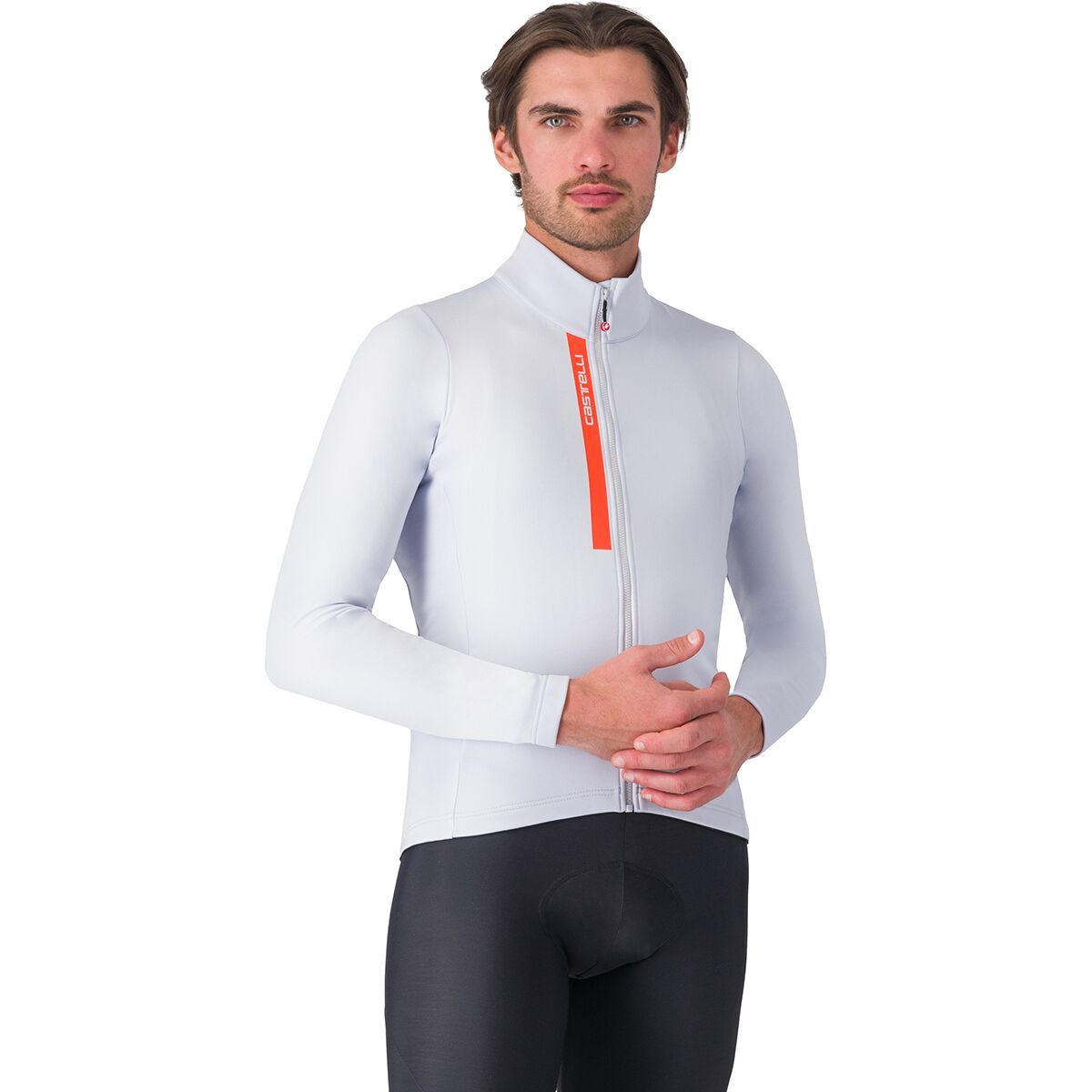 Image of Castelli Entrata Thermal Jersey - Men's Silver Gray/Brilliant Orange, XL