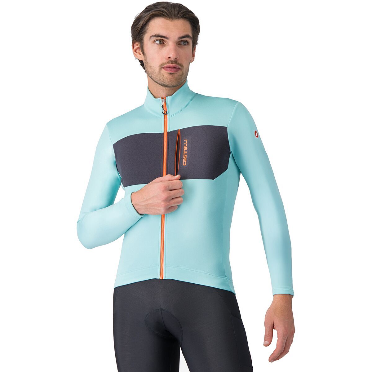 Image of Castelli Unlimited Trail 2 Jersey - Men's Pool Blue/Dark Gray/Brilliant Orange, XXL