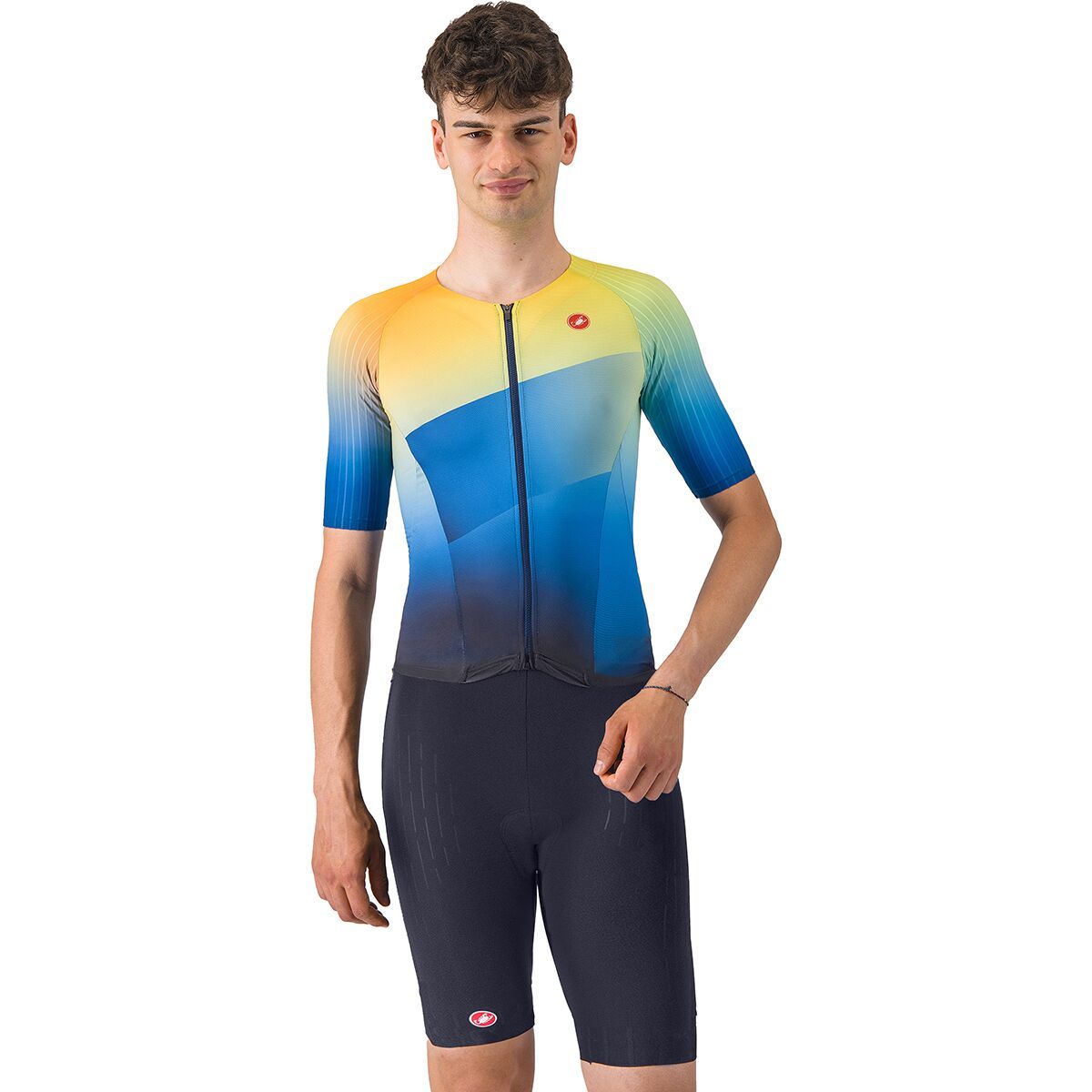 Image of Castelli Free Sanremo 3 Short-Sleeve Tri Suit - Men's Belgian Blue/Multicolor Vivid Orange, XXL