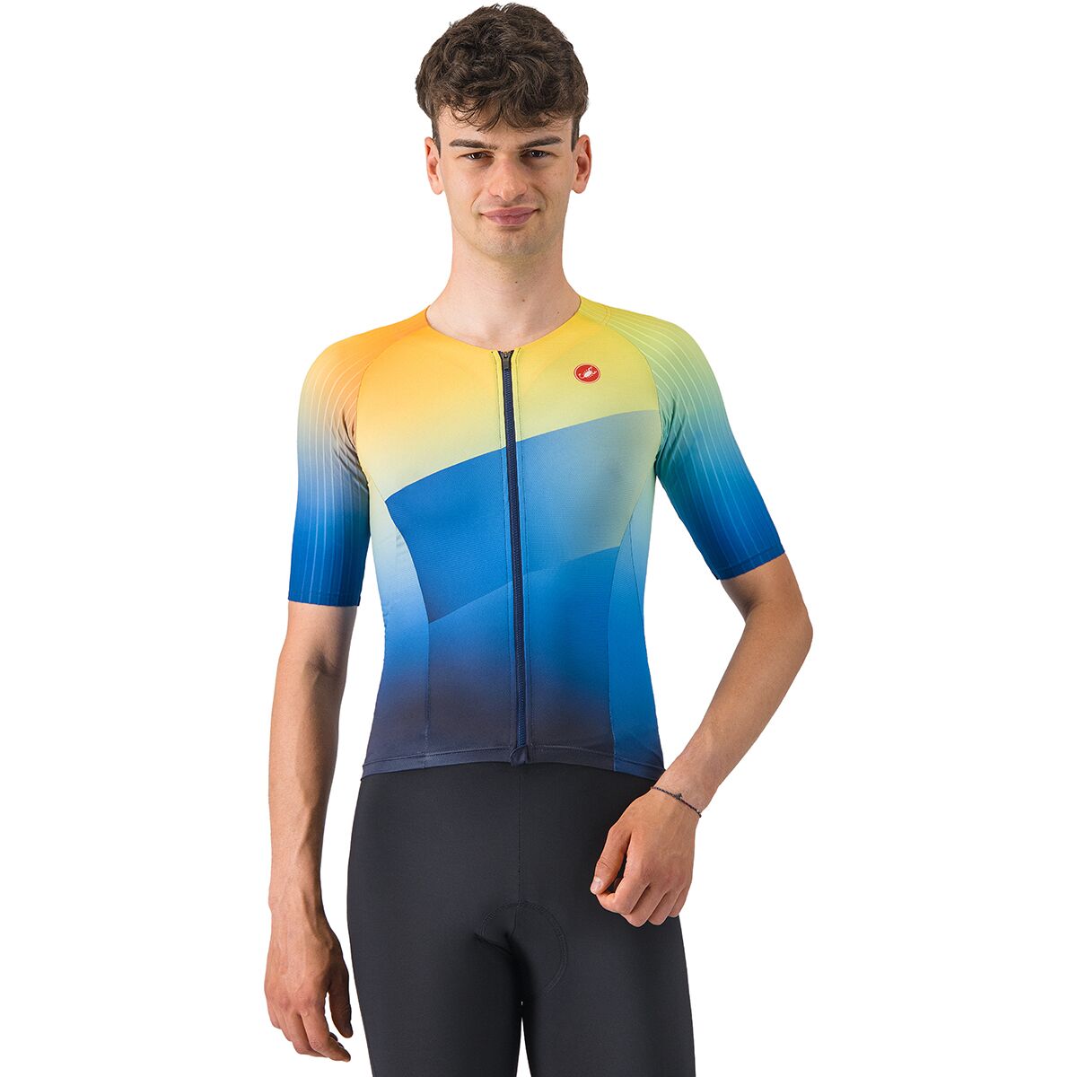 Image of Castelli Free Speed 3 Race Tri Top - Men's Belgian Blue/Multicolor Vivid Orange, S
