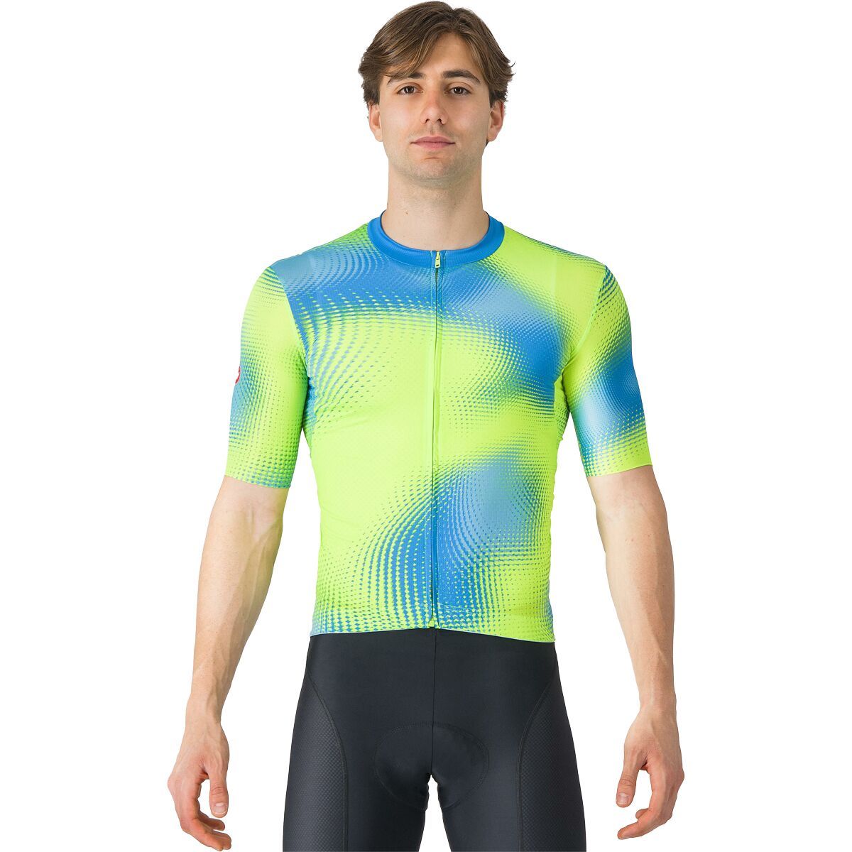 Image of Castelli Vortice Short-Sleeve Jersey - Men's Aquamarine/Electric Lime, XL
