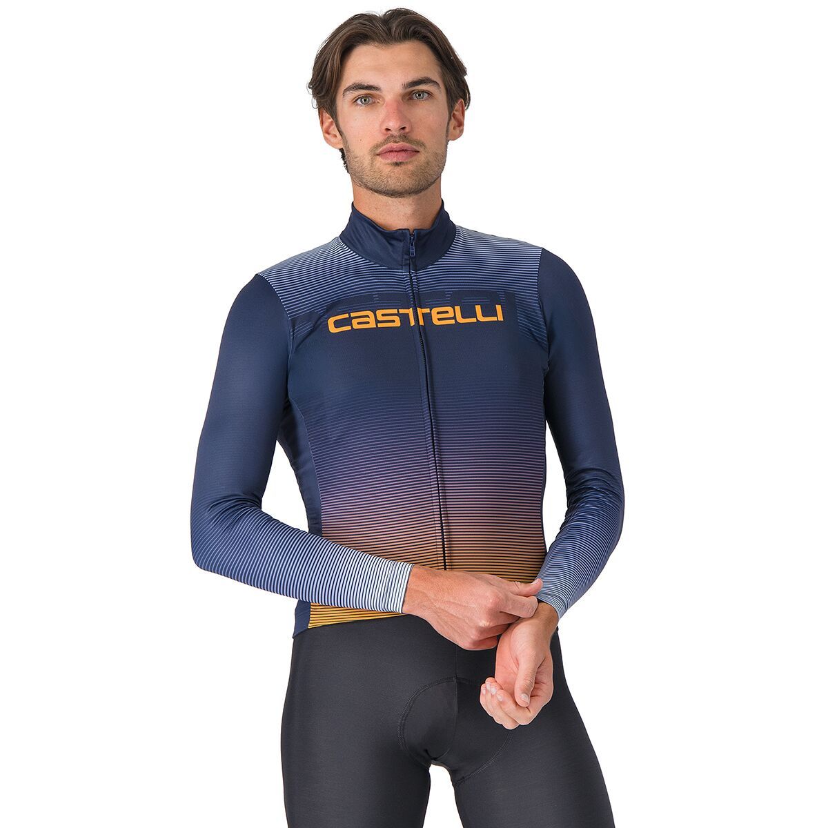 Image of Castelli Apice Thermal Jersey - Men's Belgian Blue/Vivid Orange/Winter Sky, L