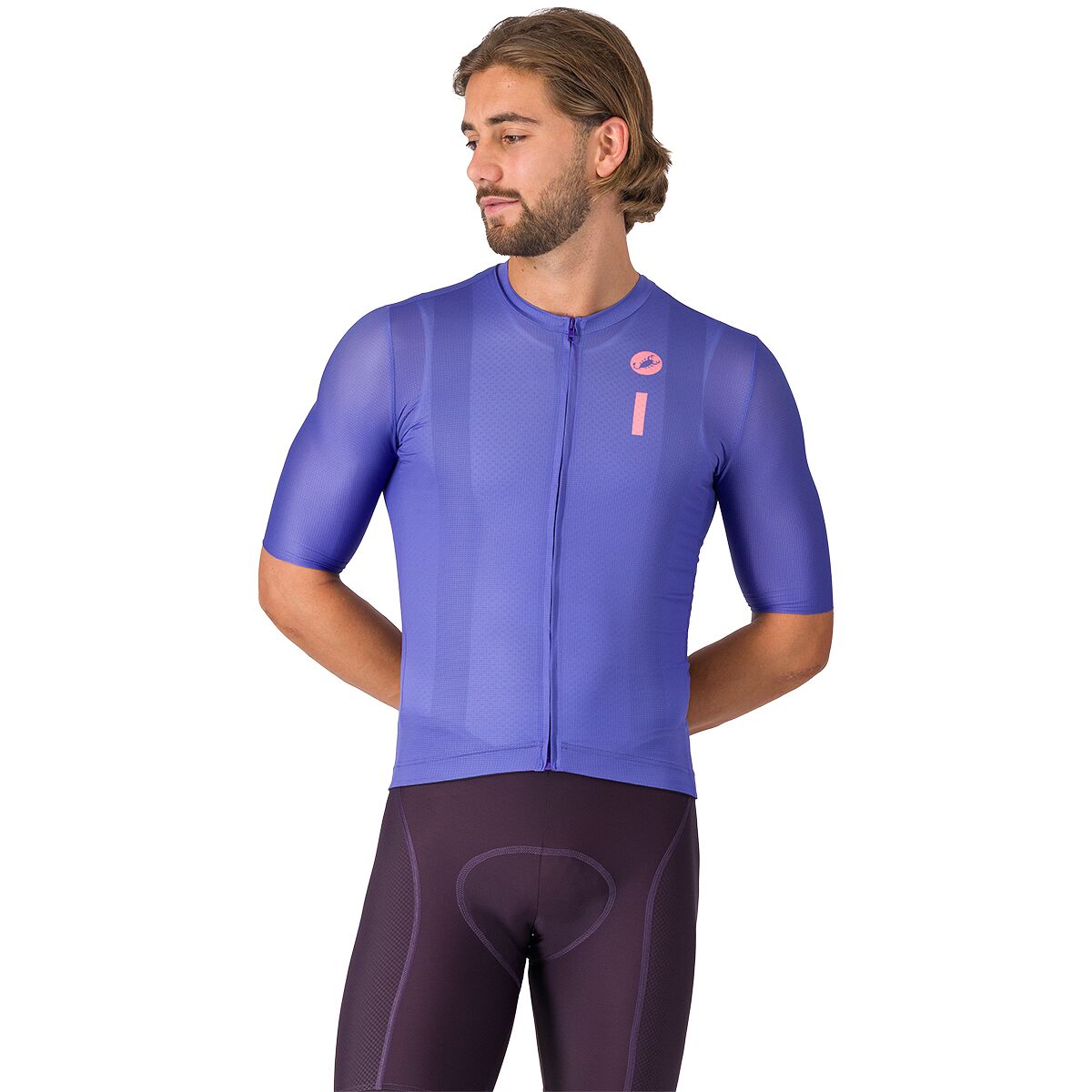 Image of Castelli Drittone Logo Jersey - Men's Ultraviolet/Rosa Giro, L