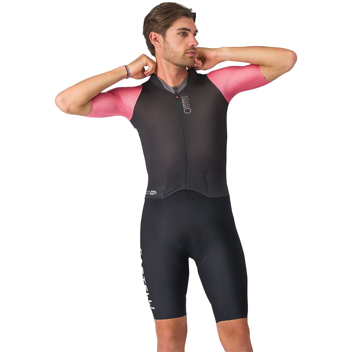 Image of Castelli Saturday Morning Skinsuit - Men's Black/Rosa Giro/Smoky Gray, L