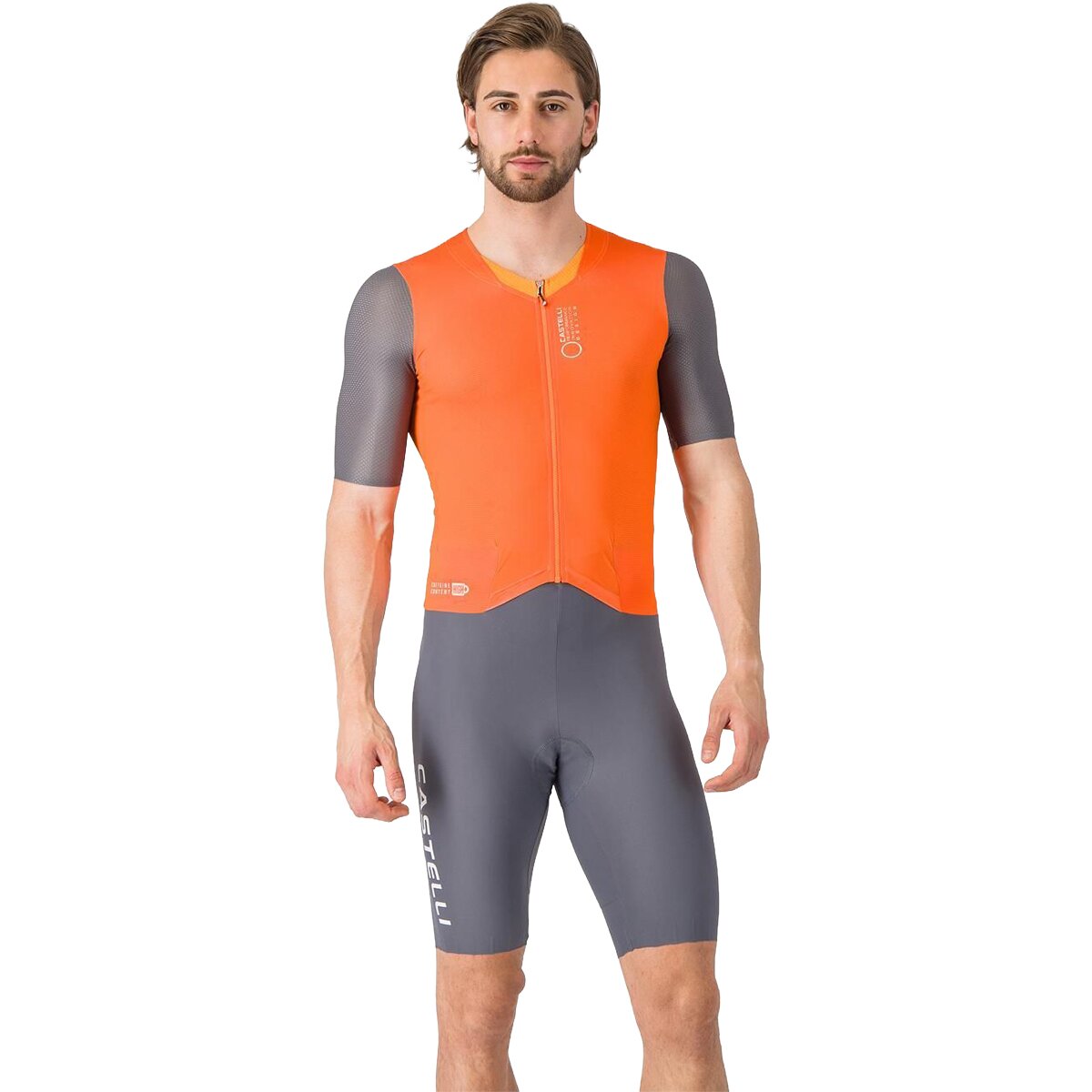 Image of Castelli Saturday Morning Skinsuit - Men's Brilliant Orange/Vivd Orange/S, XS