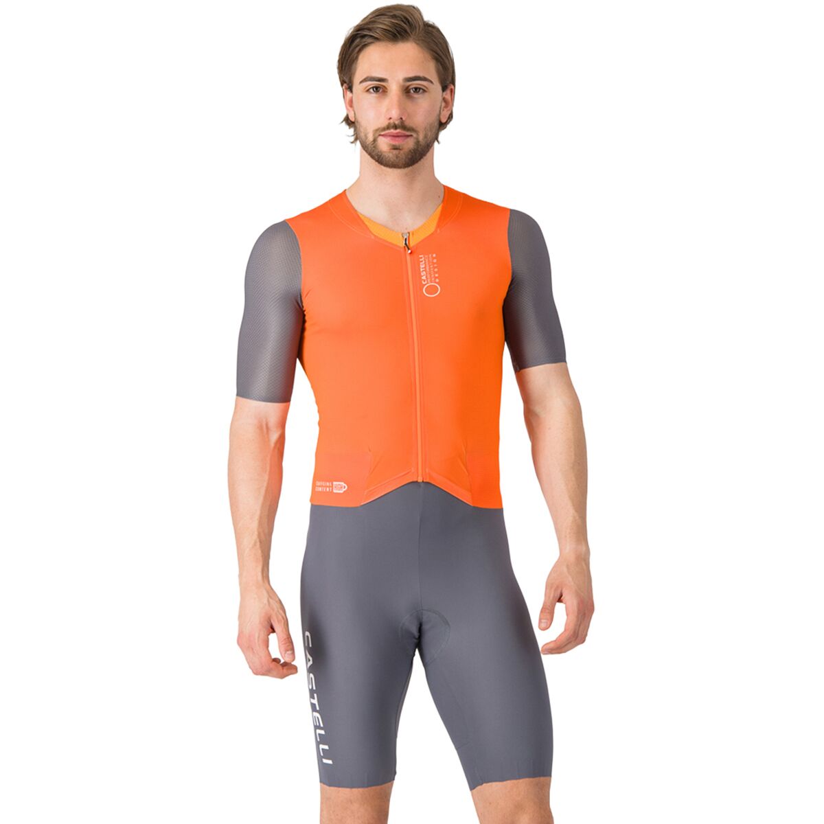 Image of Castelli Saturday Morning Skinsuit - Men's Brilliant Orange/Vivd Orange/Smoky Gray, L