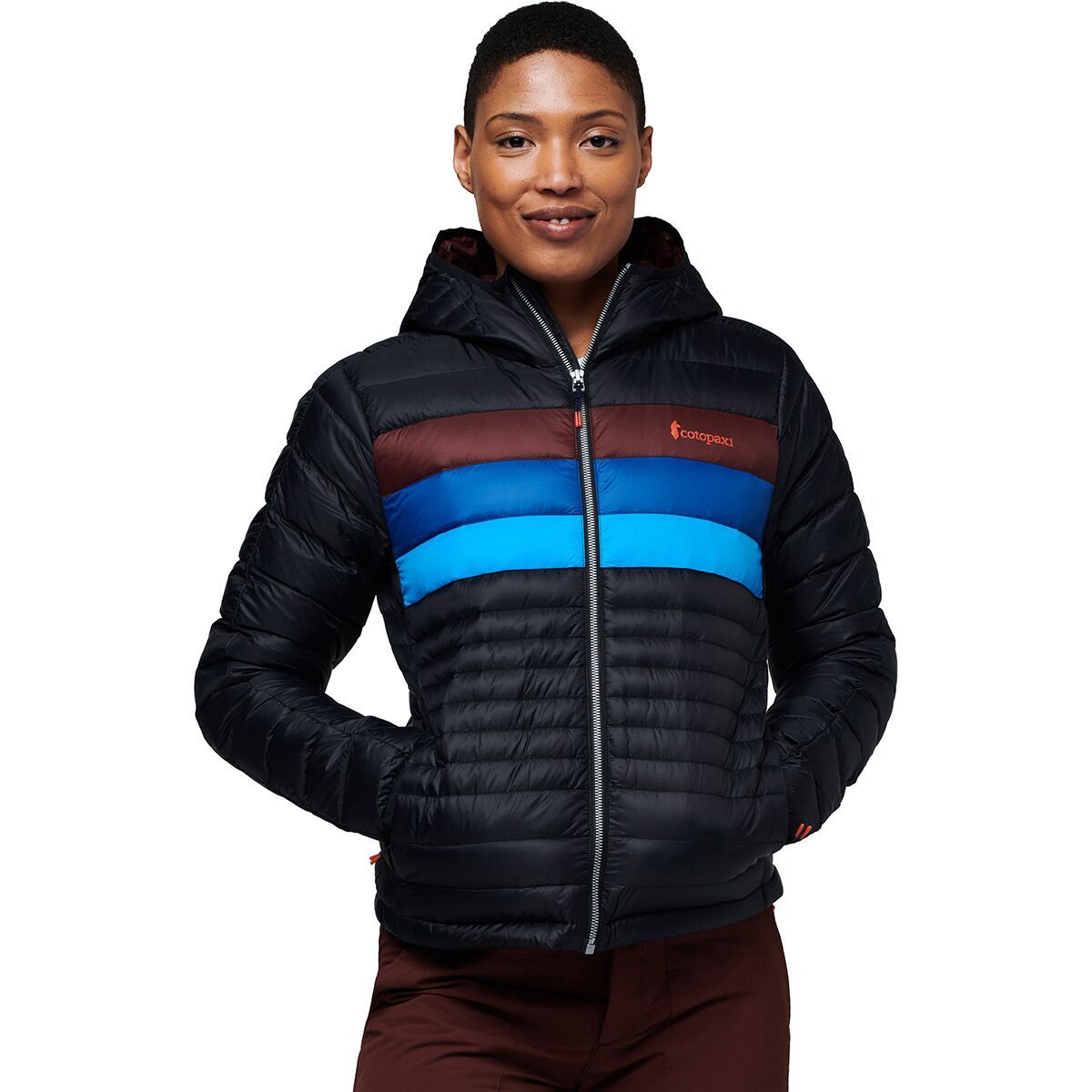 Cotopaxi Fuego Hooded Down Jacket - Women's Black/Chestnut Stripes, XXL