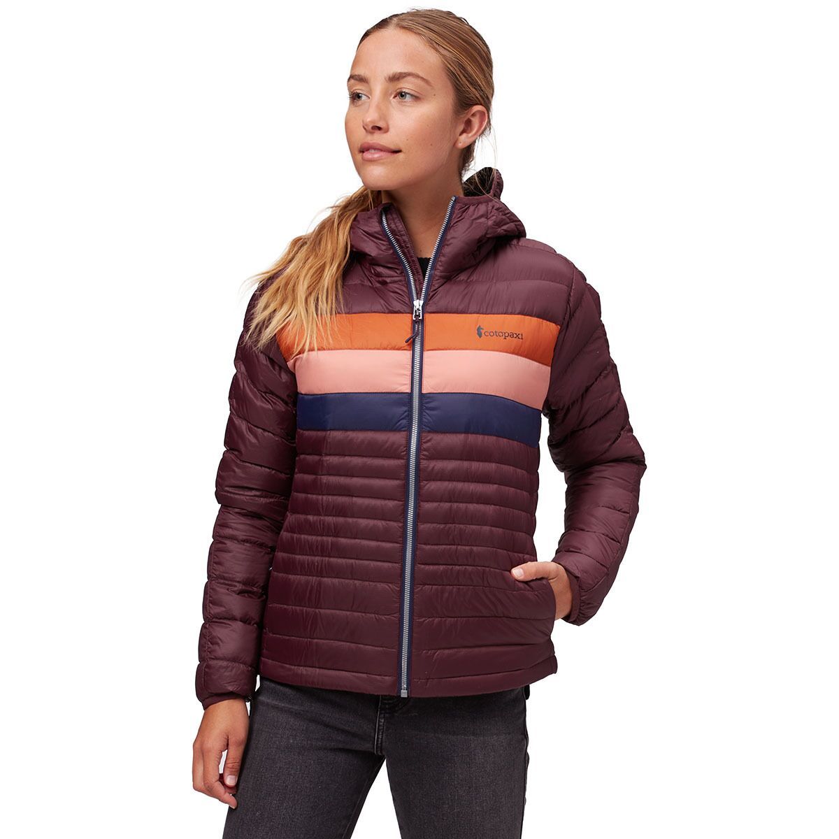 Cotopaxi Fuego Hooded Down Jacket - Women's Black Iris Stripes, L