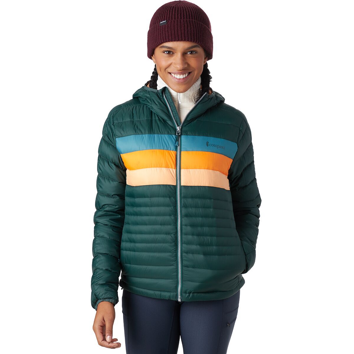Cotopaxi Fuego Hooded Down Jacket - Women's Dark Forest Stripes, M