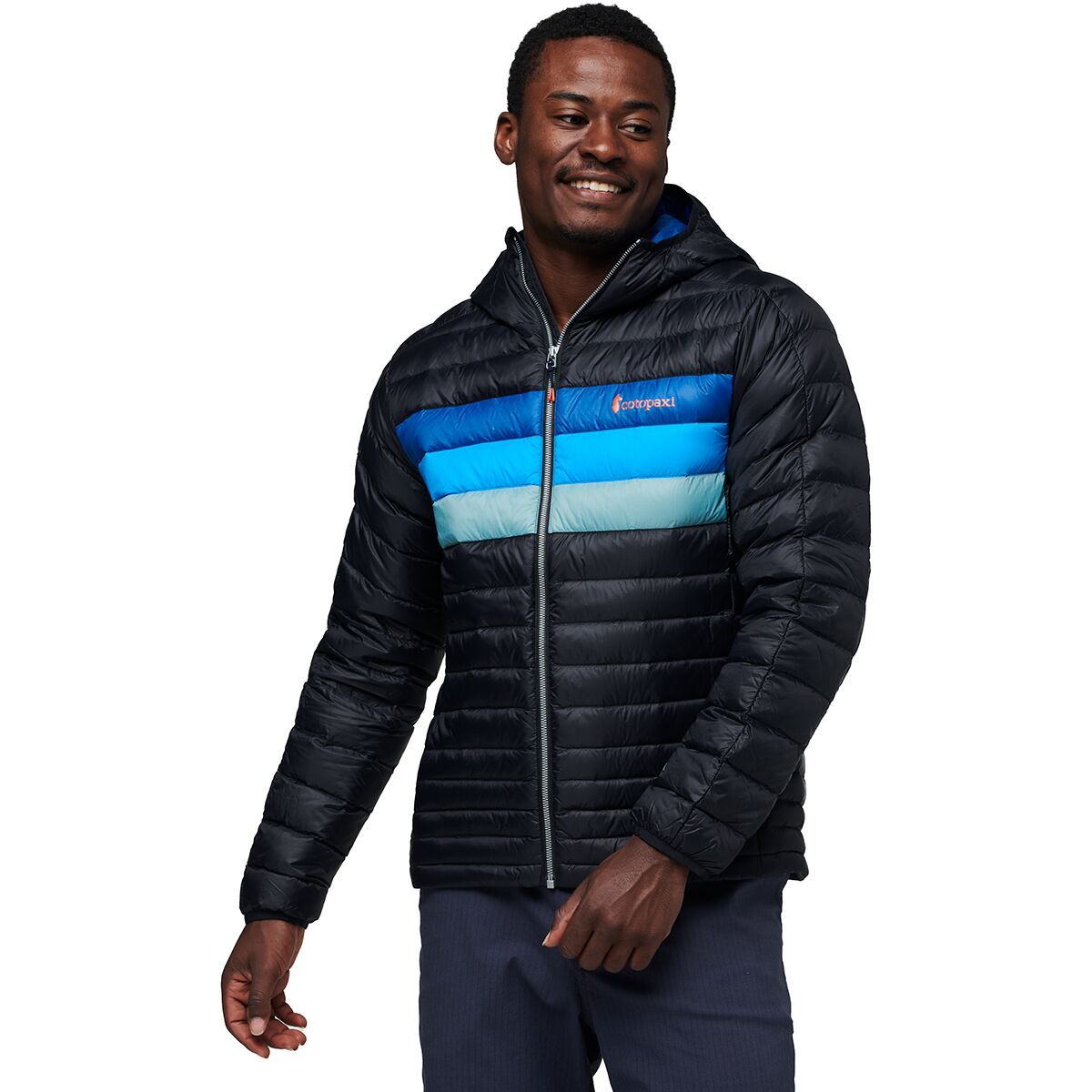 Cotopaxi Fuego Hooded Down Jacket - Men's Black & Pacific Stripes, 3XL
