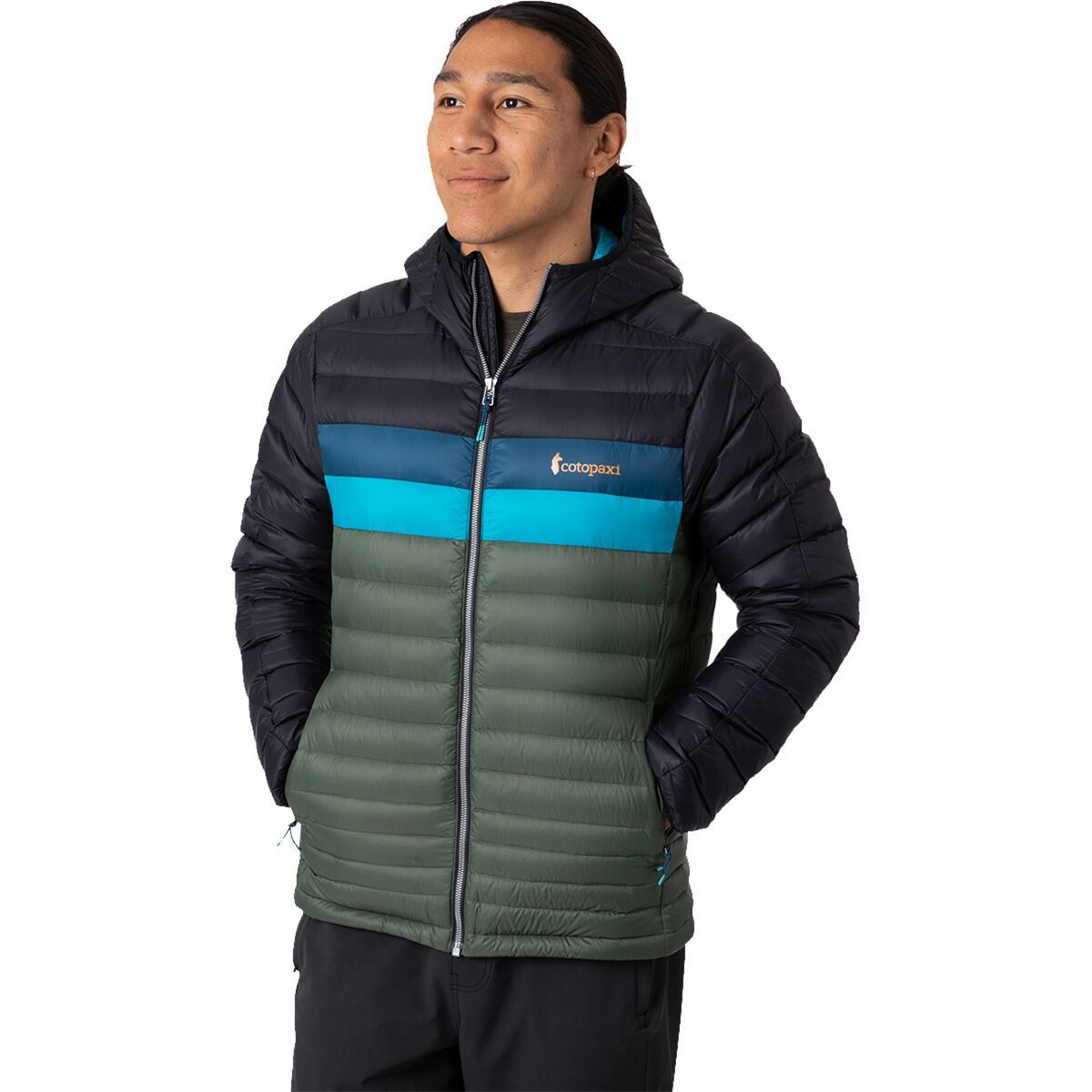 Cotopaxi Fuego Hooded Down Jacket - Men's Black & Spruce, M