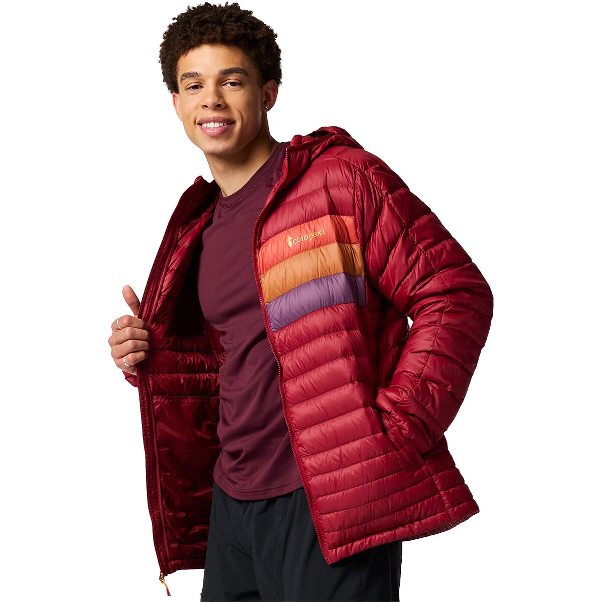 Image of Cotopaxi Fuego Hooded Down Jacket - Men's Crimson Stripes, S