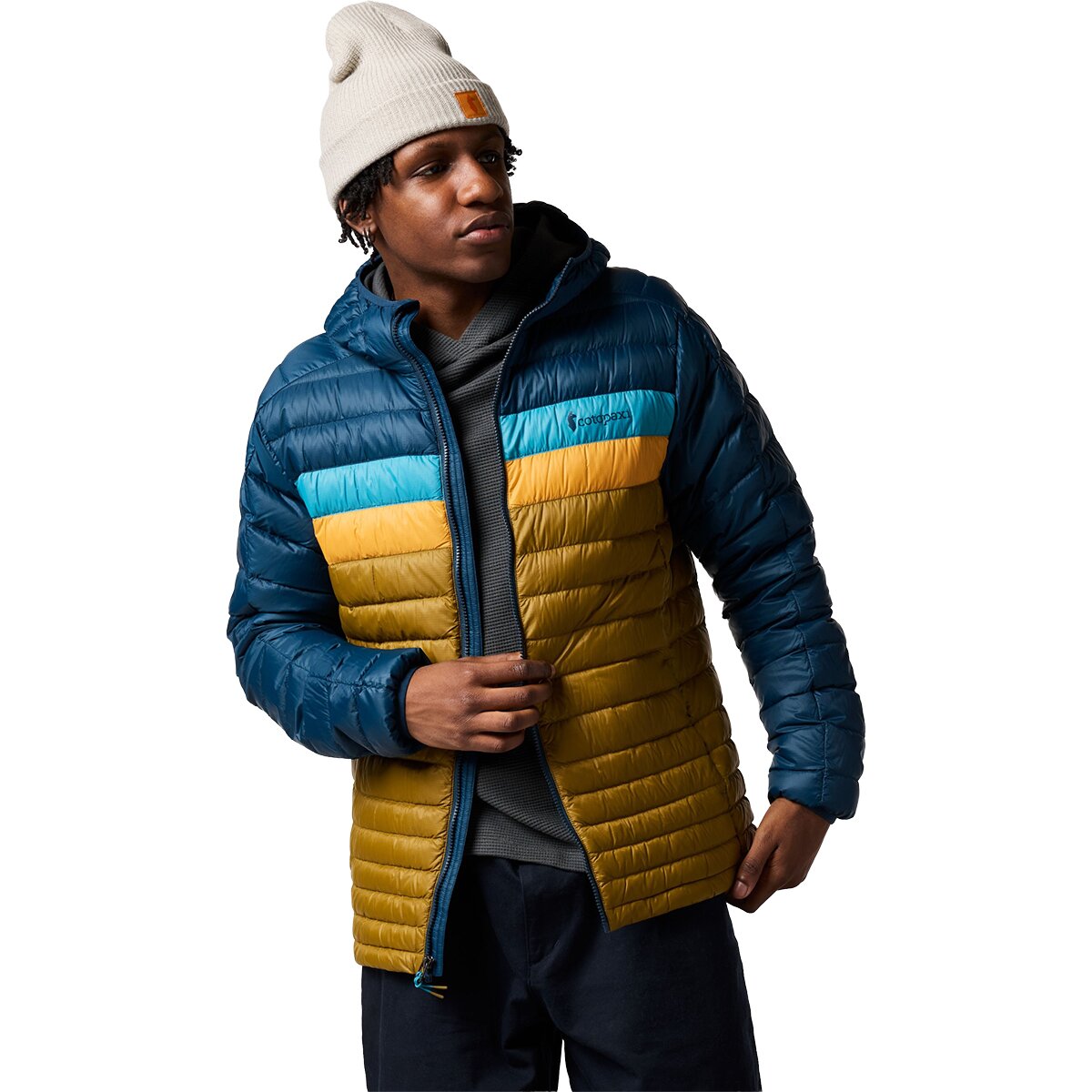 Image of Cotopaxi Fuego Hooded Down Jacket - Men's Indigo and Log Cabin, M