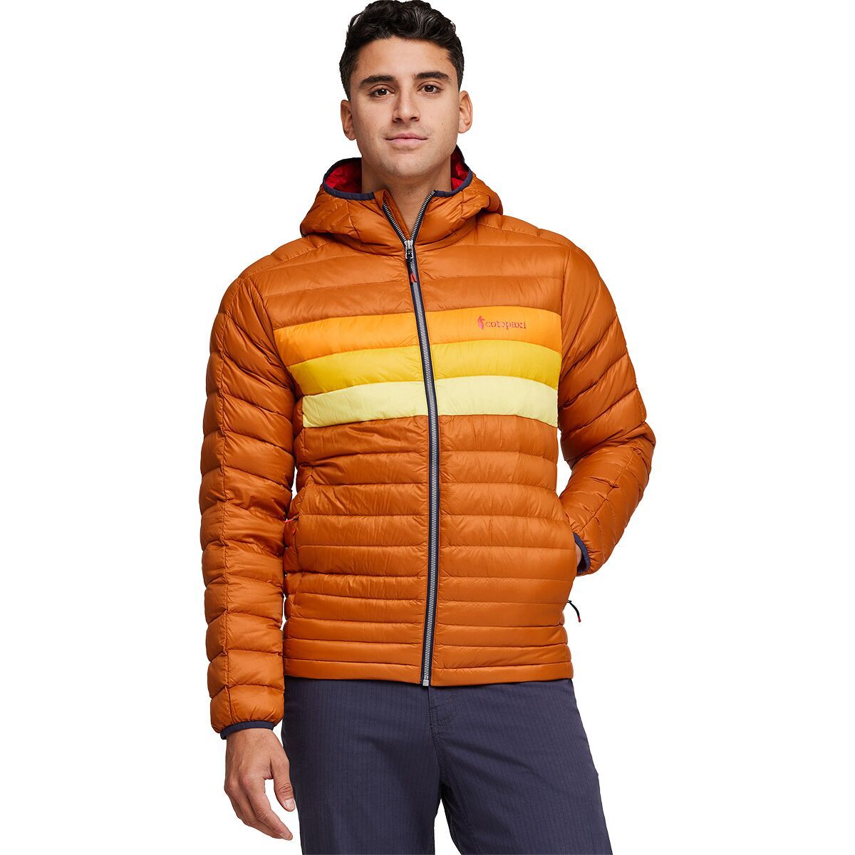 Cotopaxi Fuego Hooded Down Jacket - Men's Mezcal & Flame Stripes, 3XL